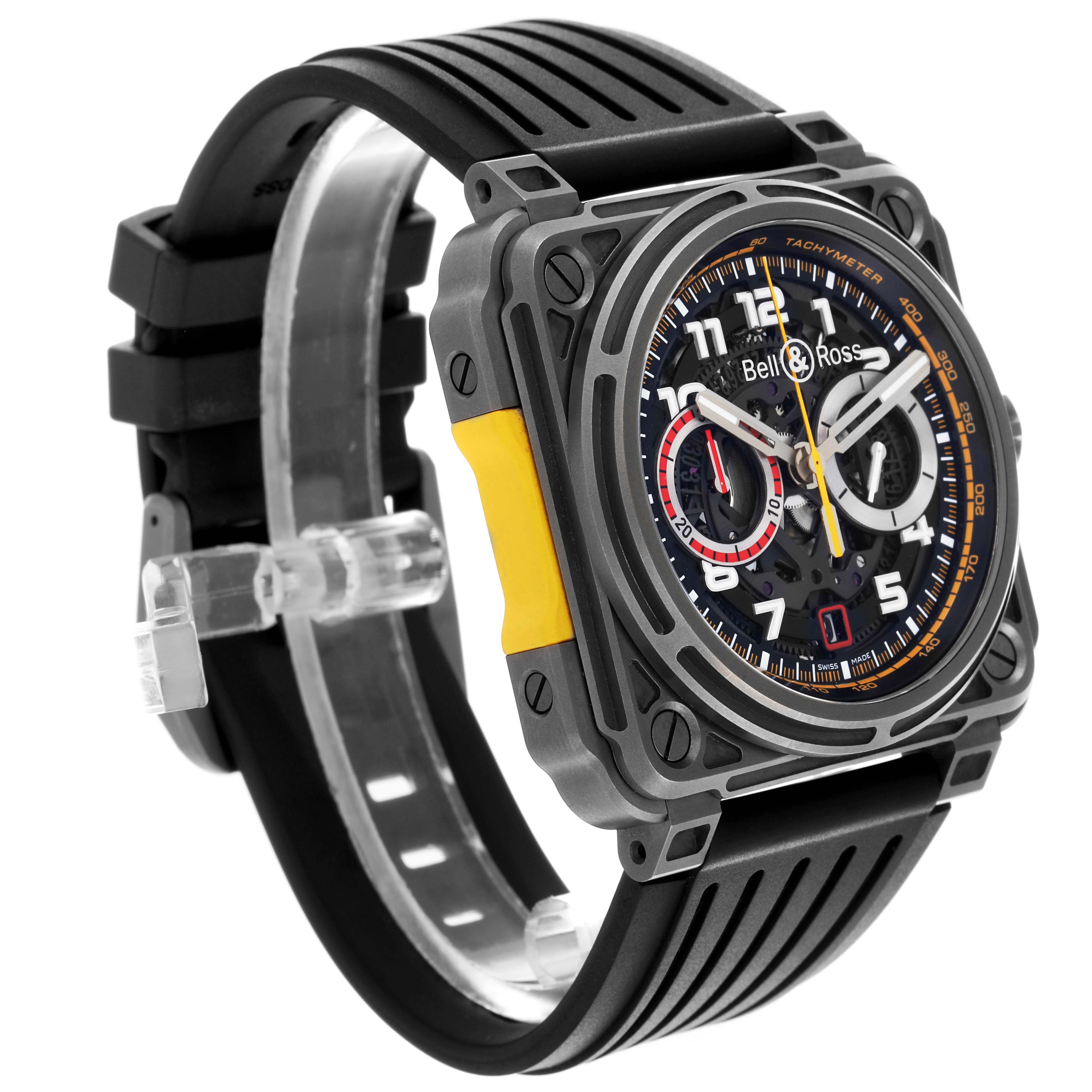 The Bell 
Ross Instruments BR-X1 R.S.18 Men
s Titanium Transparent Dial BR-X1 R.S.18 Men
s Titanium Transparent Dial watch is shown at a side angle, highlighting the dial, case, and black strap.