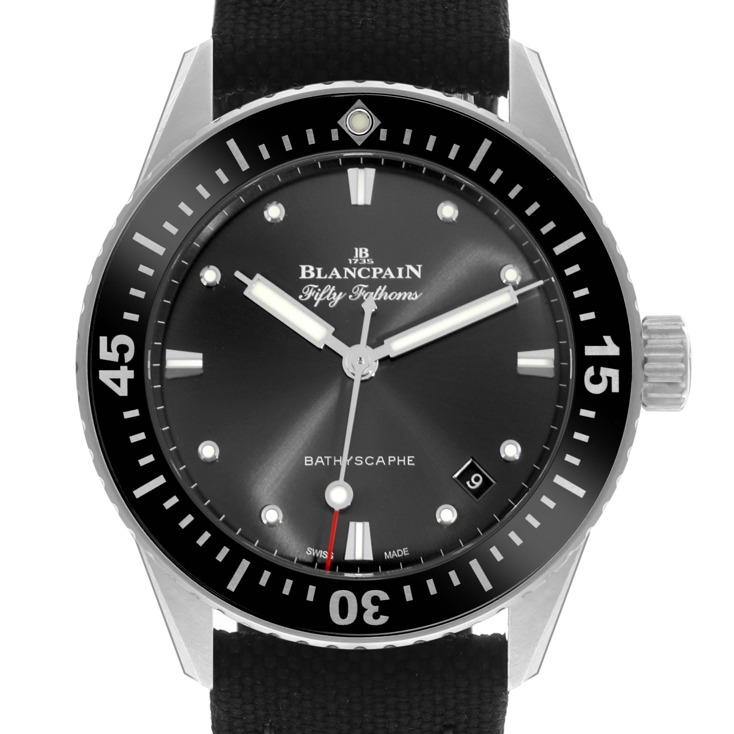 The image shows a straight-on view of the Blancpain Fifty Fathoms 5100B-1110-B52A Men's Stainless Steel Grey Dial 5100B-1110-B52A Men's Stainless Steel Grey Dial watch, displaying the face, bezel, and crown.