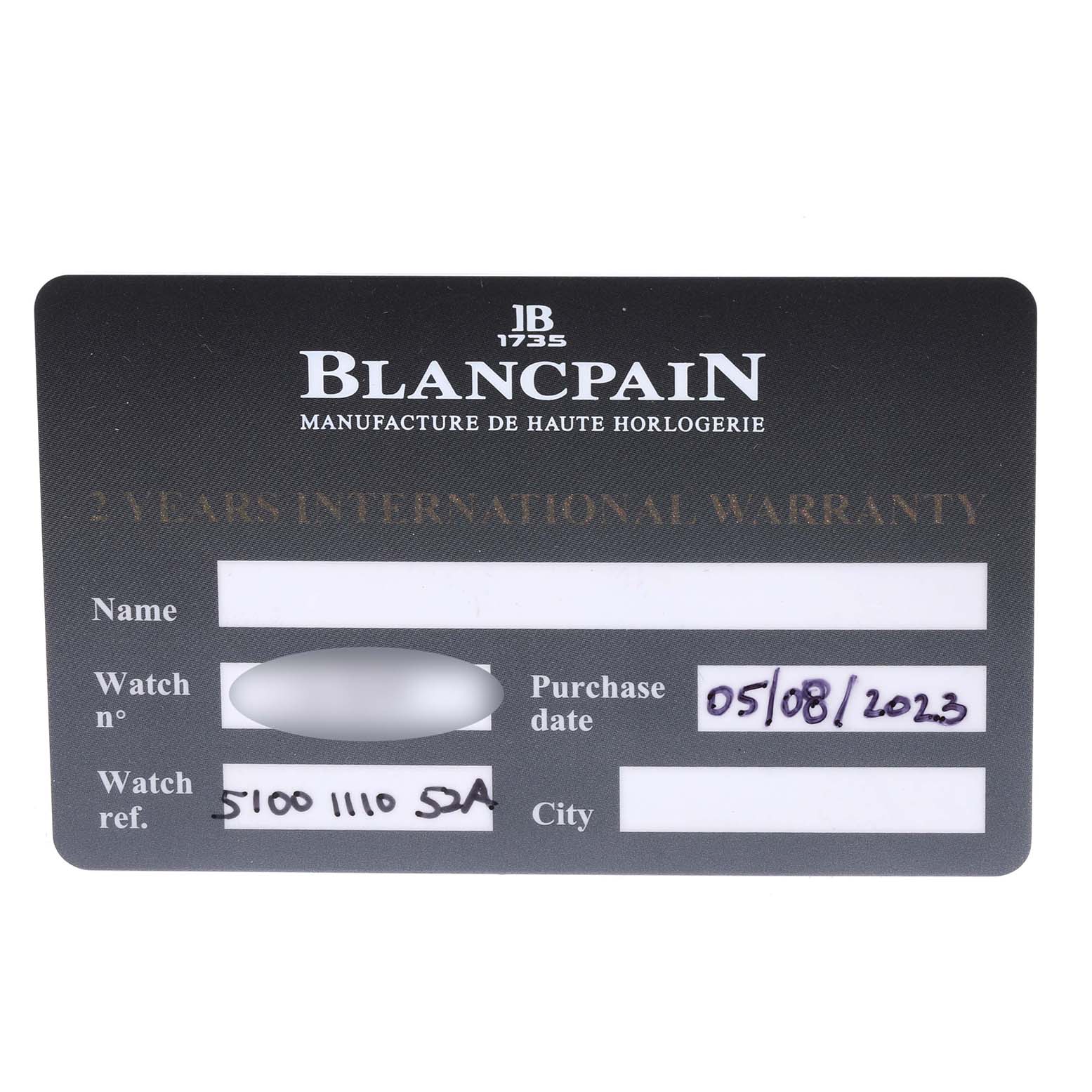 The image shows a Blancpain Fifty Fathoms 5100B-1110-B52A Men's Stainless Steel Grey Dial 5100B-1110-B52A Men's Stainless Steel Grey Dial warranty card with model details and purchase date.
