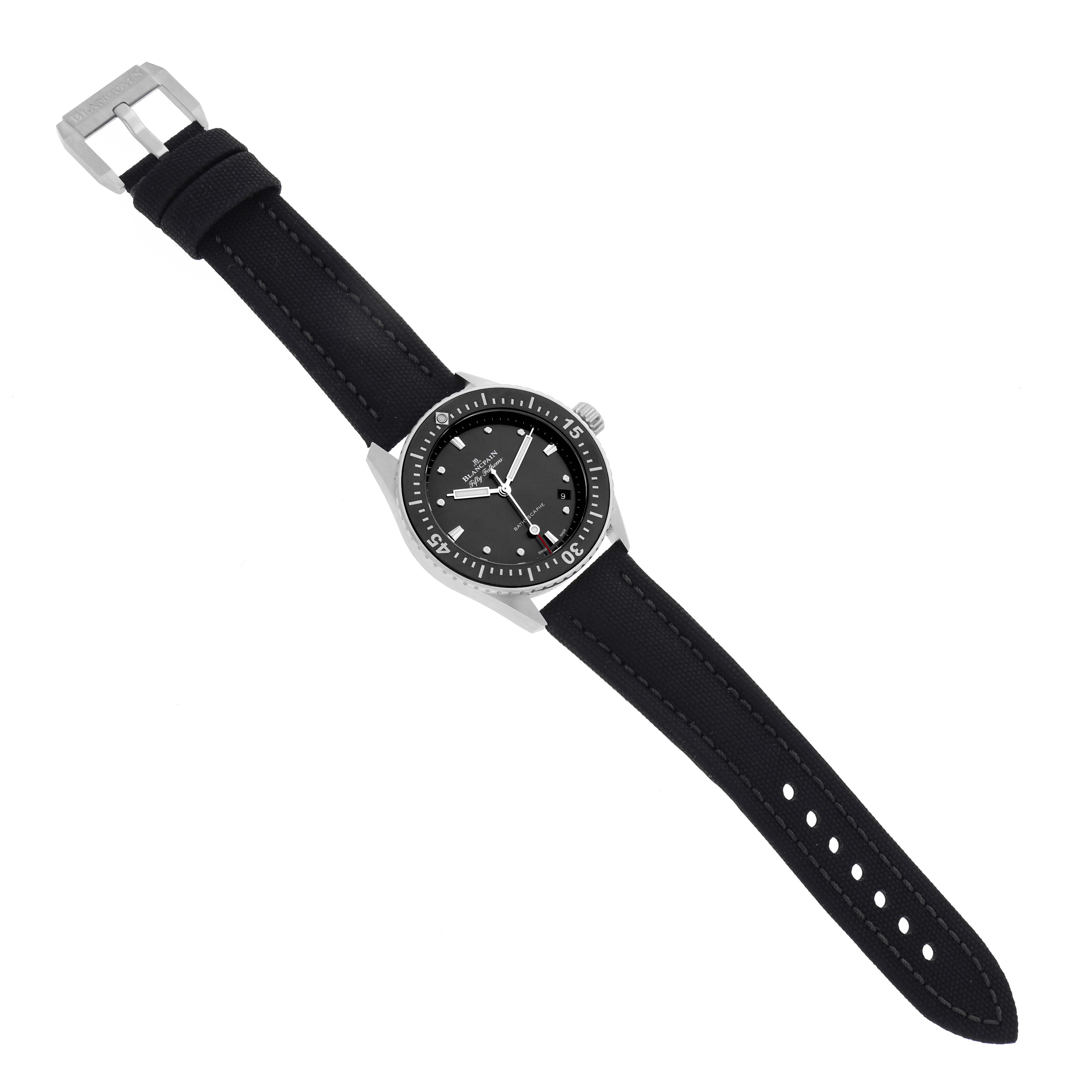 The Blancpain Fifty Fathoms 5100B-1110-B52A Men's Stainless Steel Grey Dial 5100B-1110-B52A Men's Stainless Steel Grey Dial watch is shown from a top-down angle, displaying the face, bezel, strap, and buckle.