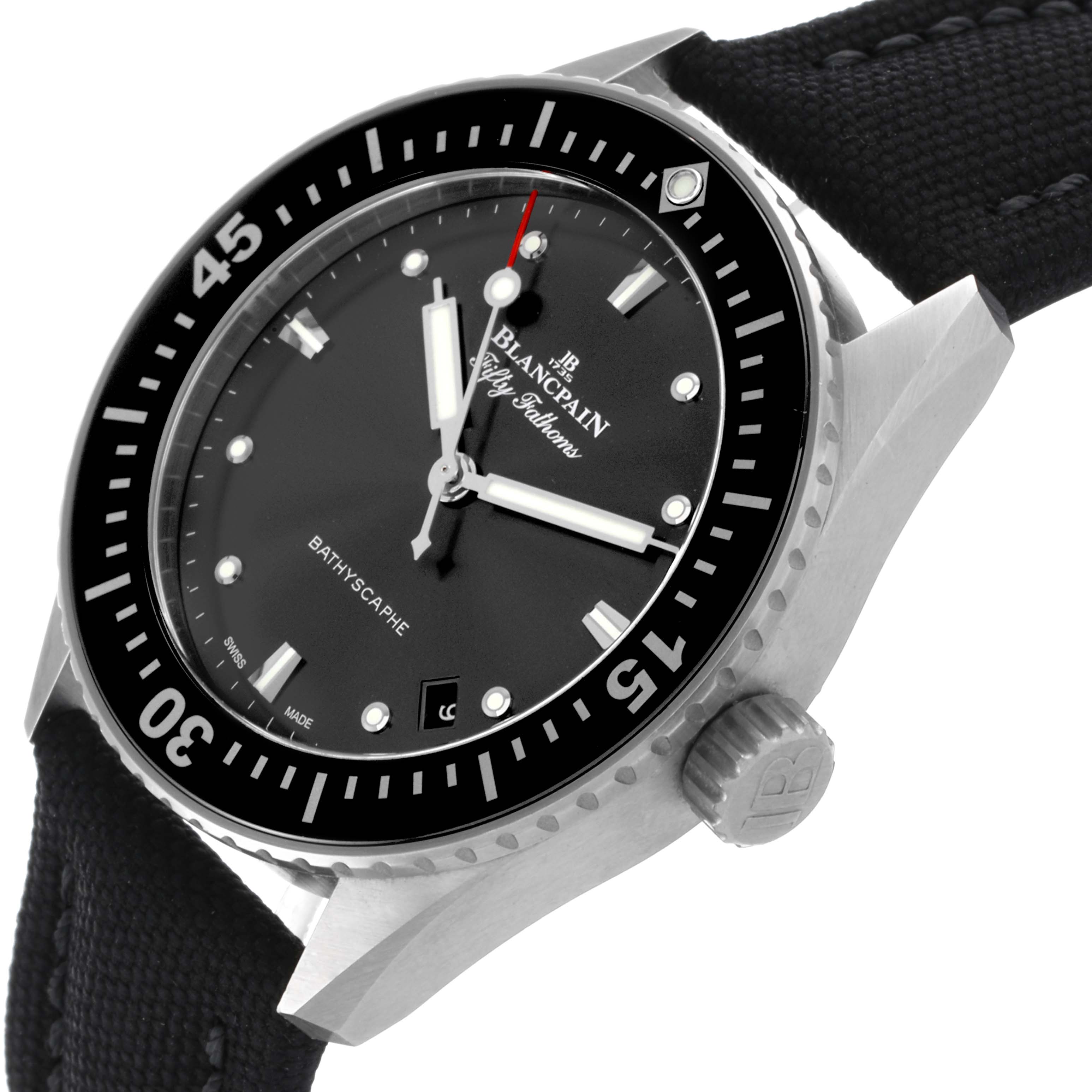 The Blancpain Fifty Fathoms 5100B-1110-B52A Men's Stainless Steel Grey Dial 5100B-1110-B52A Men's Stainless Steel Grey Dial watch is shown from a side angle, highlighting the bezel, dial, crown, and strap.