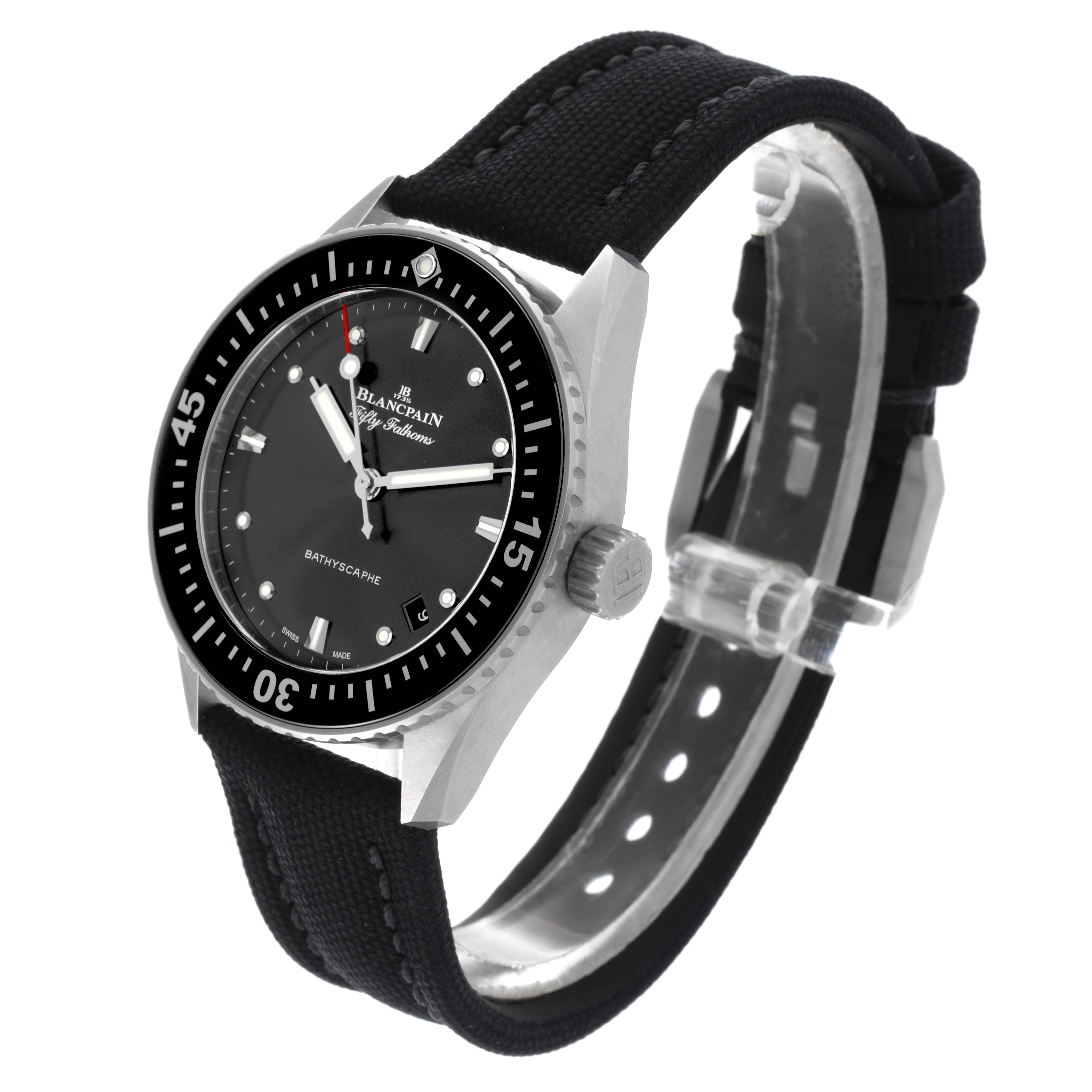 The Blancpain Fifty Fathoms 5100B-1110-B52A Men's Stainless Steel Grey Dial 5100B-1110-B52A Men's Stainless Steel Grey Dial watch is displayed at a three-quarter angle, showing the dial, bezel, crown, and strap.