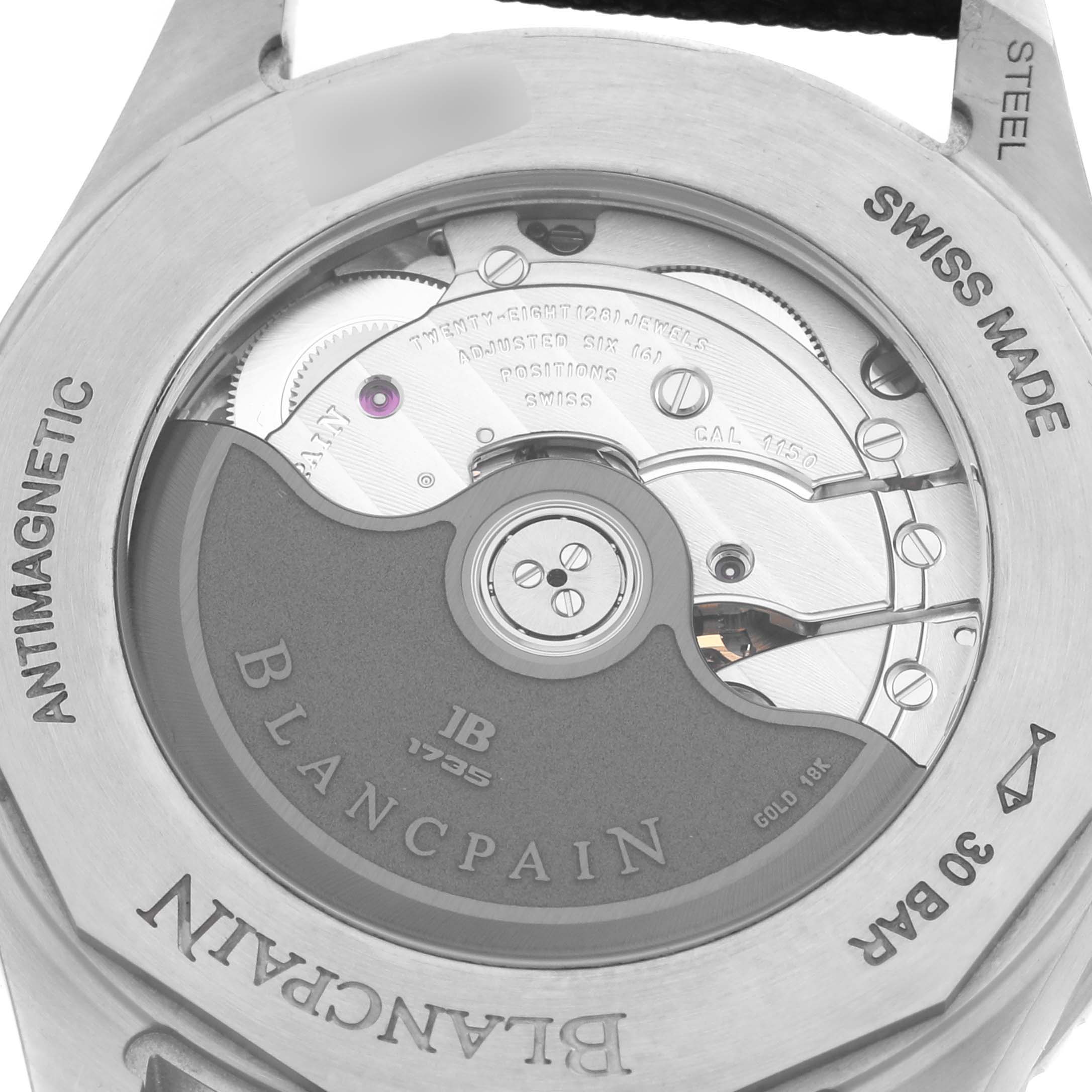 The image shows the back view of the Blancpain Fifty Fathoms 5100B-1110-B52A Men's Stainless Steel Grey Dial 5100B-1110-B52A Men's Stainless Steel Grey Dial watch, highlighting the movement and rotor.