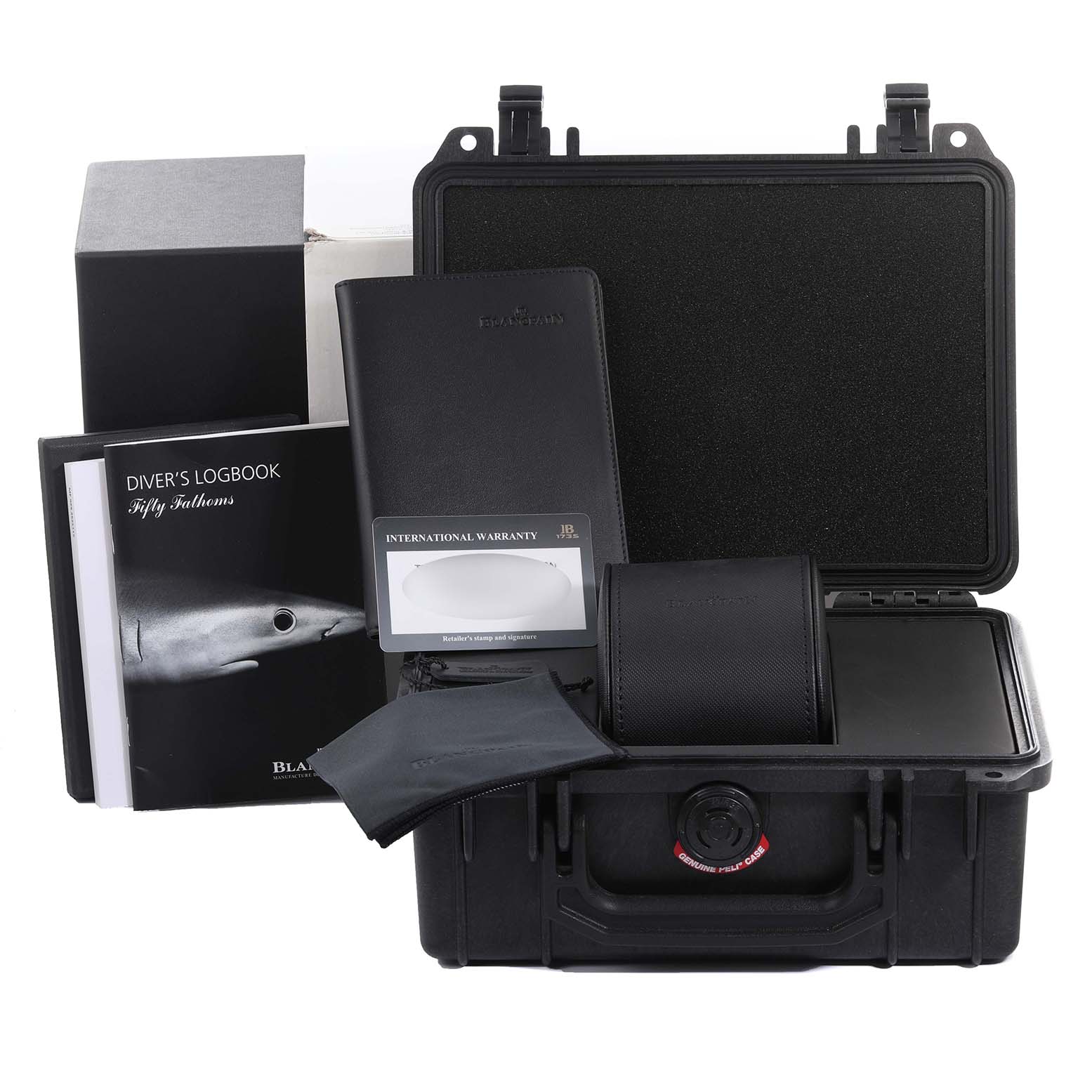 The image shows the packaging and accessories for the Blancpain Fifty Fathoms 5100B-1110-B52A Men's Stainless Steel Grey Dial 5100B-1110-B52A Men's Stainless Steel Grey Dial, including a case, warranty, and diver's logbook.