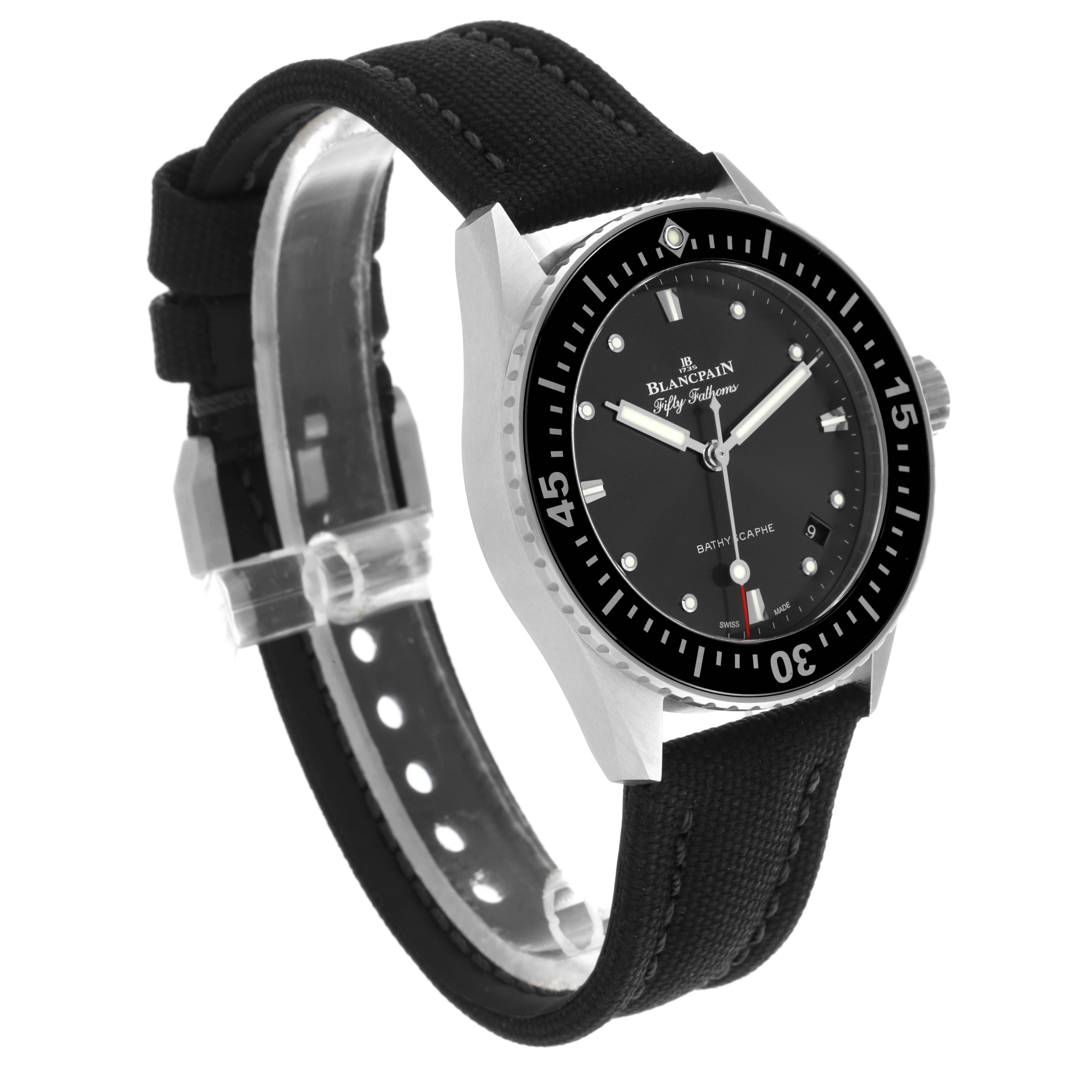 The Blancpain Fifty Fathoms 5100B-1110-B52A Men's Stainless Steel Grey Dial 5100B-1110-B52A Men's Stainless Steel Grey Dial watch is shown at a side angle, displaying the face, bezel, and strap.