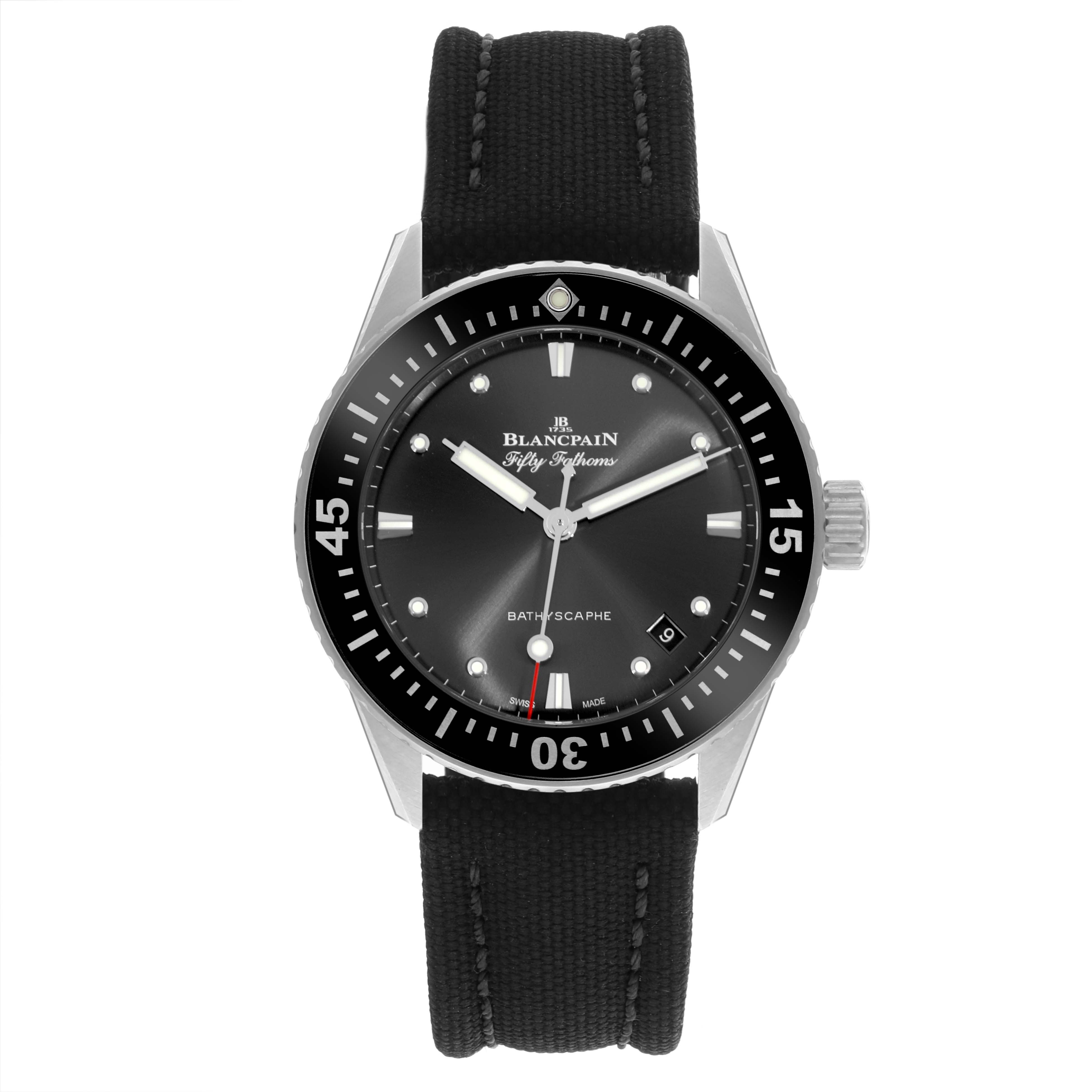 The Blancpain Fifty Fathoms 5100B-1110-B52A Men's Stainless Steel Grey Dial 5100B-1110-B52A Men's Stainless Steel Grey Dial watch is shown from a front angle, highlighting the dial, bezel, and strap.