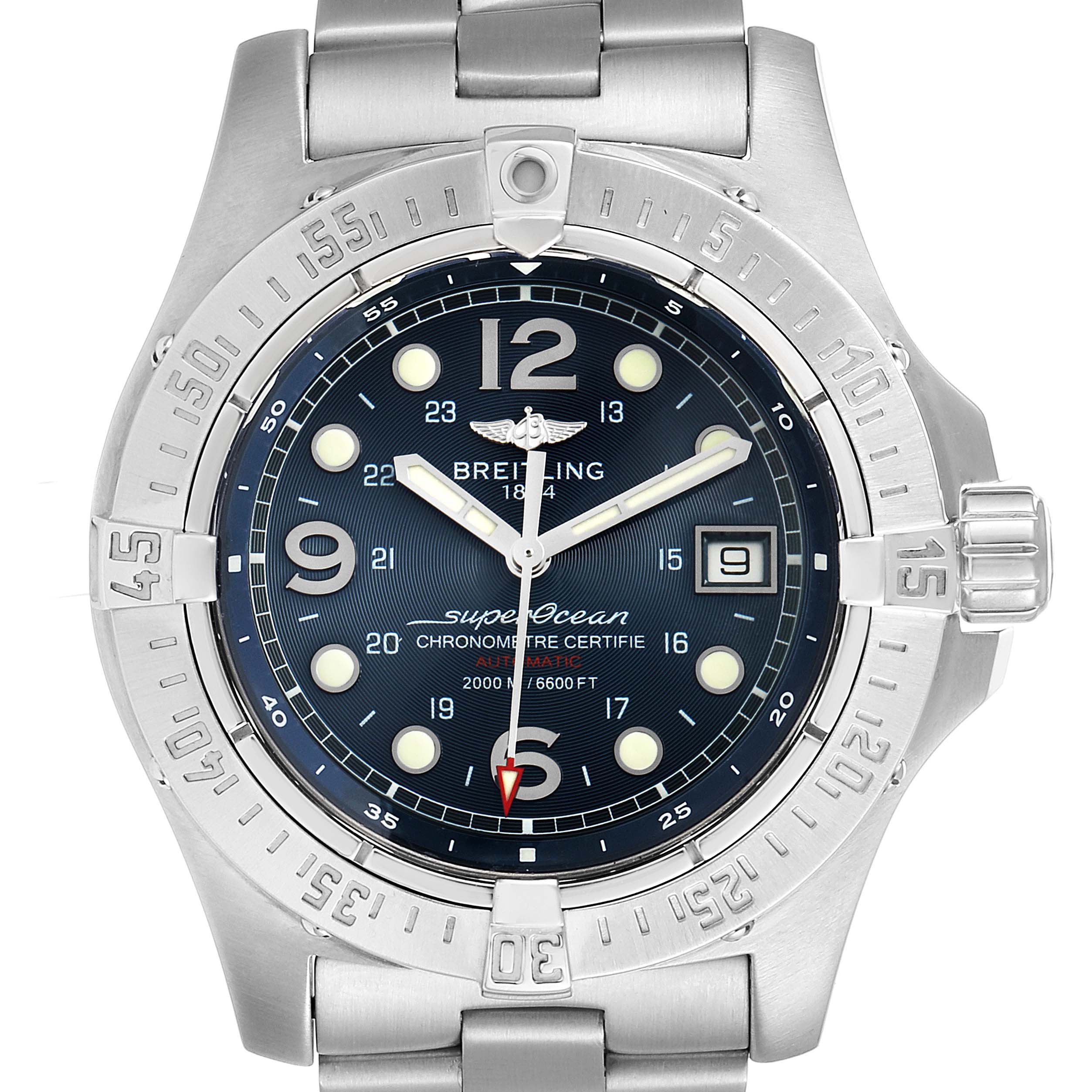 This Breitling Superocean A17390 Men's Stainless Steel Blue Dial A17390 Men's Stainless Steel Blue Dial watch is shown from a top-down angle, displaying its bezel, dial, hands, and portion of its bracelet.