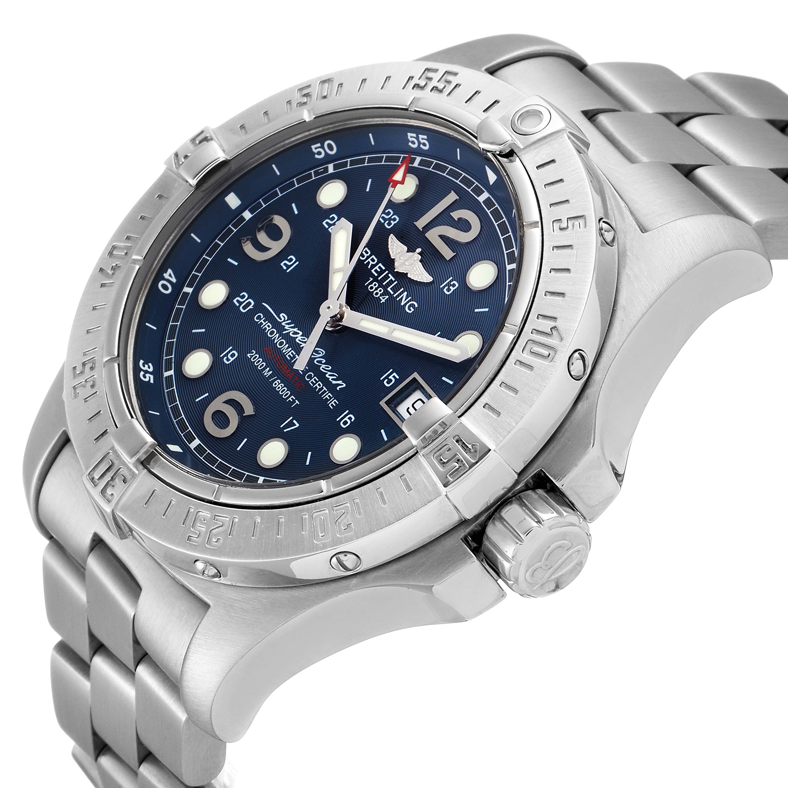 The image shows a Breitling Superocean A17390 Men's Stainless Steel Blue Dial A17390 Men's Stainless Steel Blue Dial watch at an angled side-view, highlighting the bezel, dial, and stainless steel bracelet.
