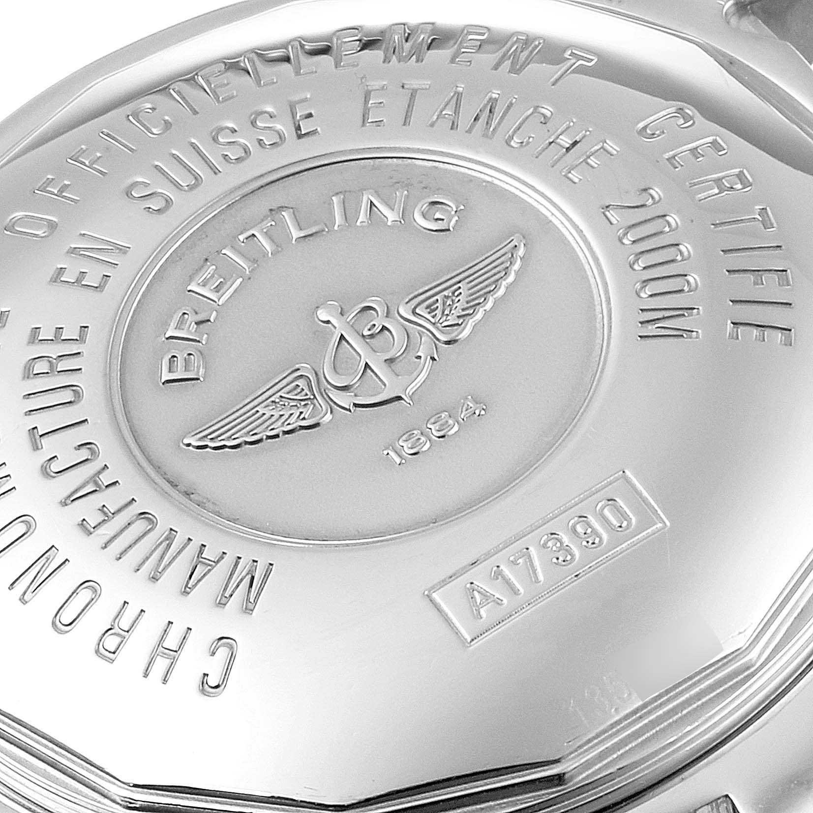 This image shows the back case of the Breitling Superocean A17390 Men's Stainless Steel Blue Dial A17390 Men's Stainless Steel Blue Dial watch, displaying its engraved logo and specifications.