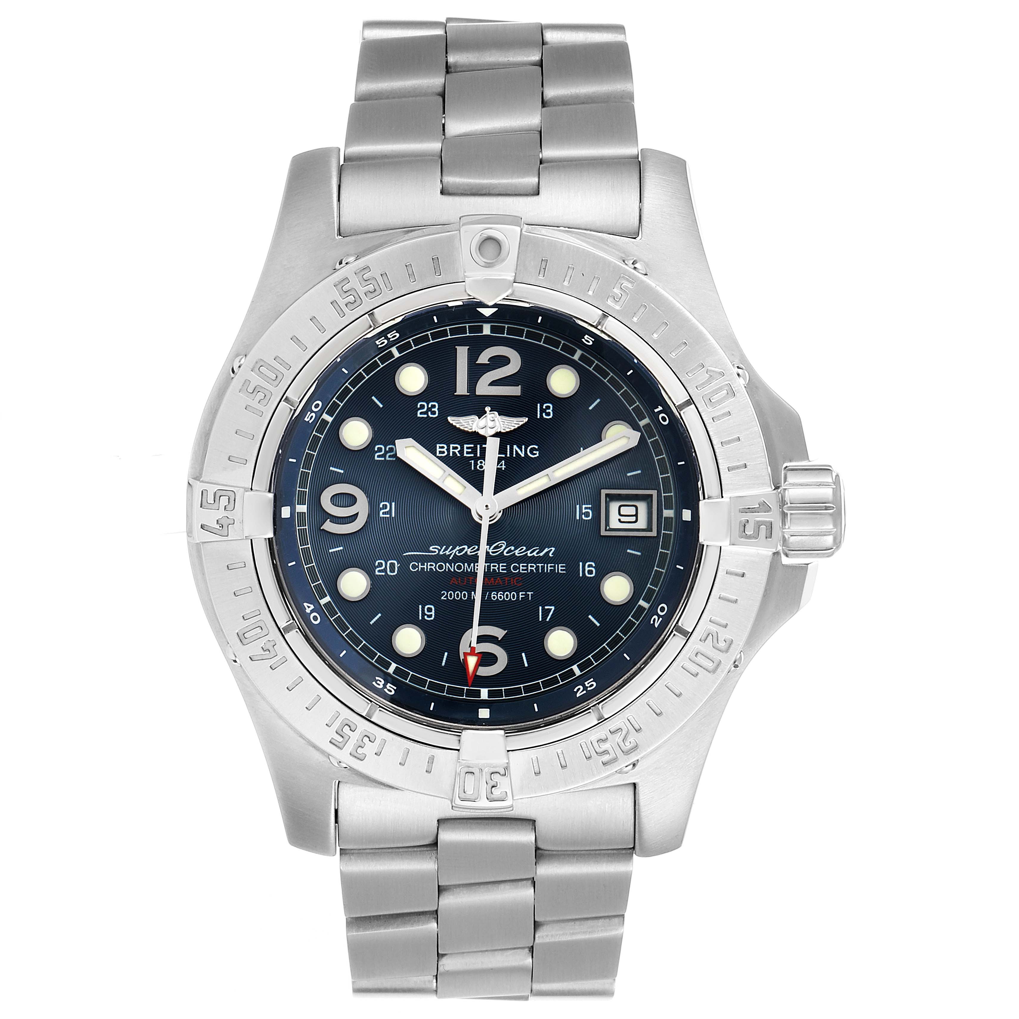The image shows a front view of a Breitling Superocean A17390 Men's Stainless Steel Blue Dial A17390 Men's Stainless Steel Blue Dial watch, displaying the dial, bezel, and bracelet.