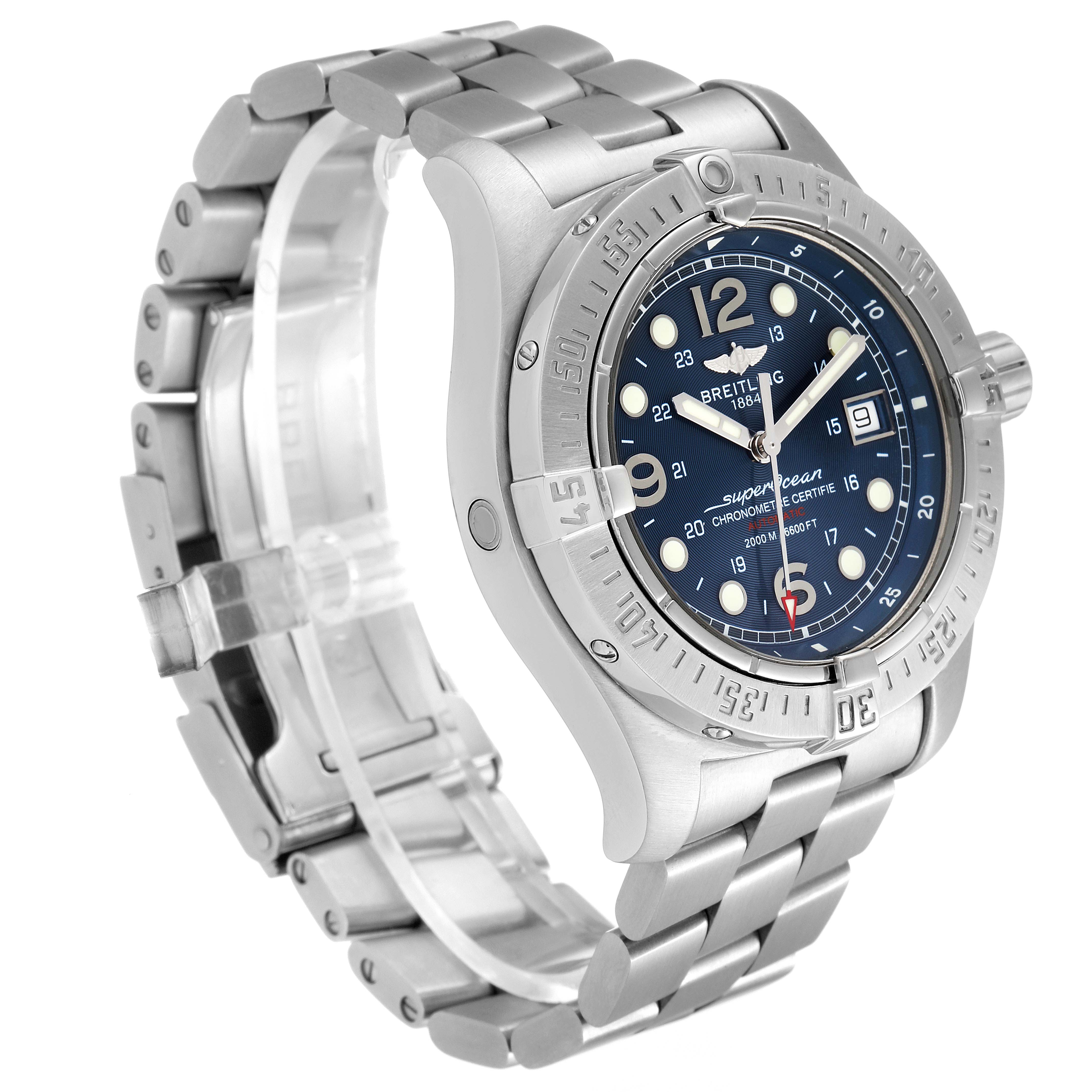 The image shows a Breitling Superocean A17390 Men's Stainless Steel Blue Dial A17390 Men's Stainless Steel Blue Dial watch at an angle highlighting its face, bezel, crown, and bracelet.