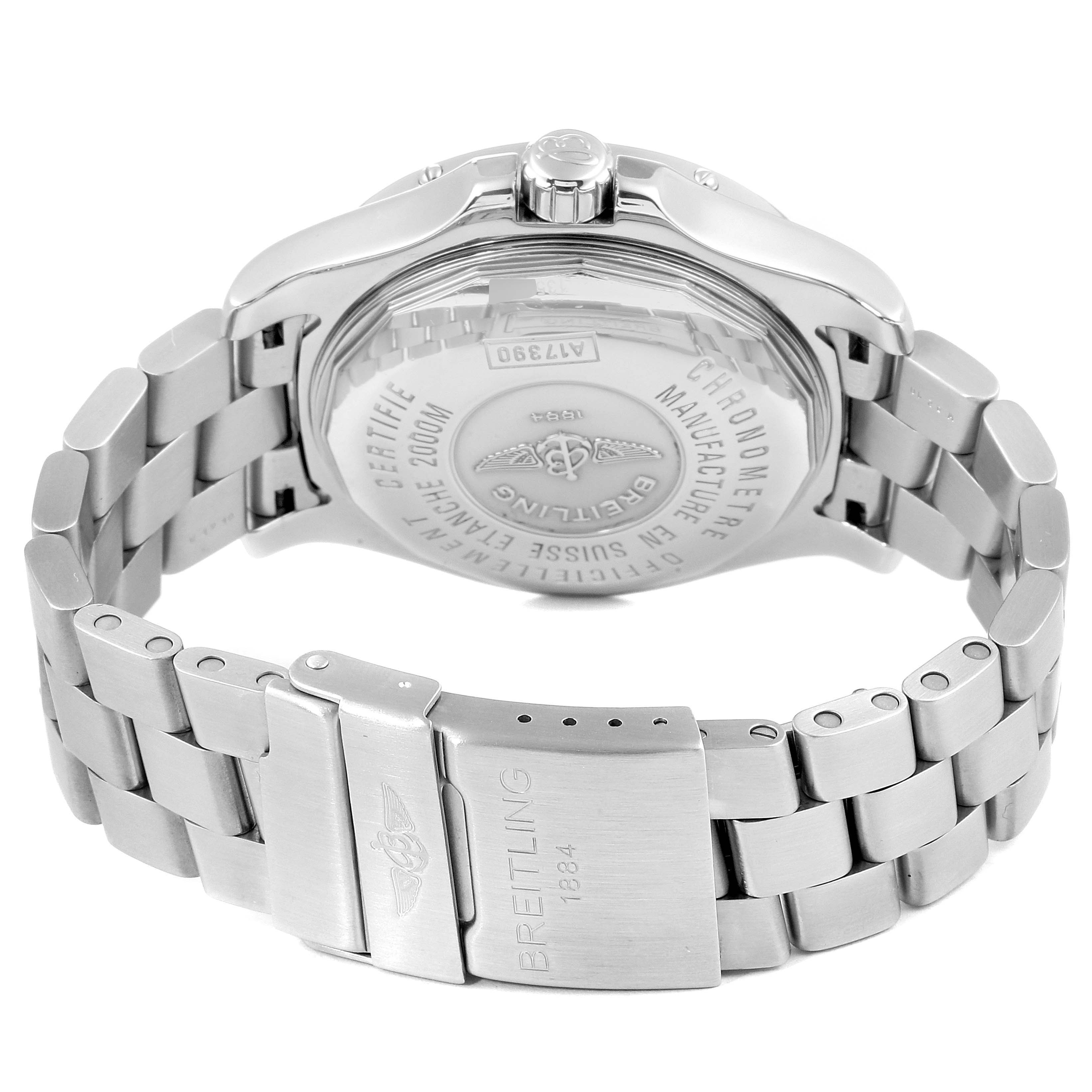 The image shows the back case and stainless steel bracelet of the Breitling Superocean A17390 Men's Stainless Steel Blue Dial A17390 Men's Stainless Steel Blue Dial watch.