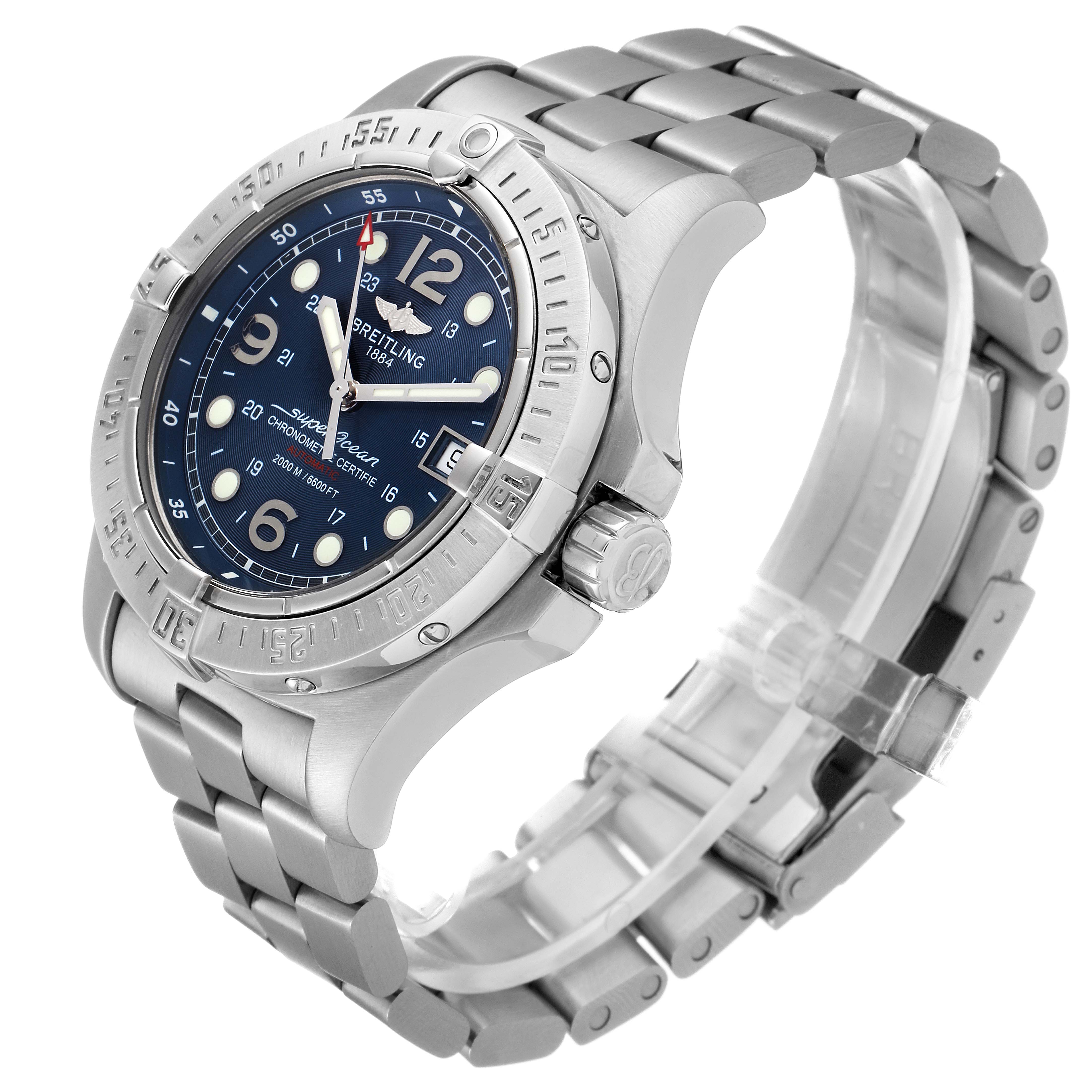 The Breitling Superocean A17390 Men's Stainless Steel Blue Dial A17390 Men's Stainless Steel Blue Dial watch is shown at a three-quarter angle, highlighting the face, bezel, crown, and metal bracelet.