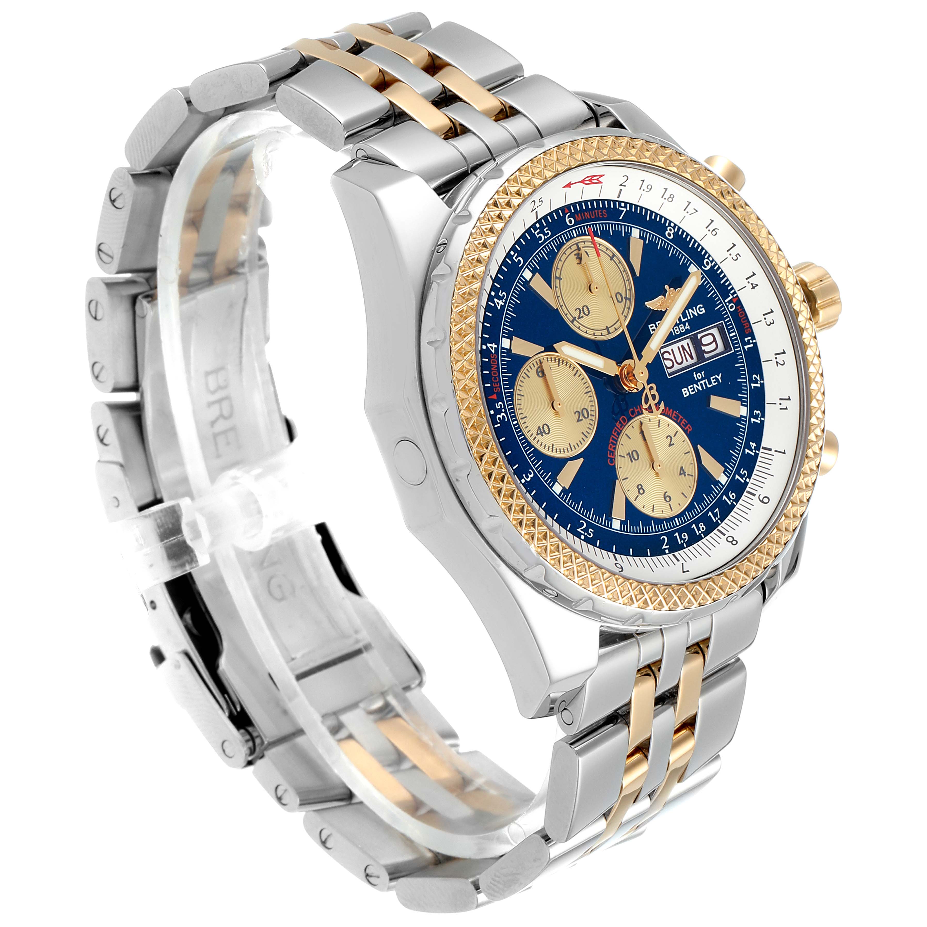 The Breitling Bentley D13362 Men's Steel and Gold (two tone) Blue Dial D13362 Men's Steel and Gold (two tone) Blue Dial watch is shown at a three-quarter angle, highlighting its blue dial, gold bezel, and two-tone bracelet.