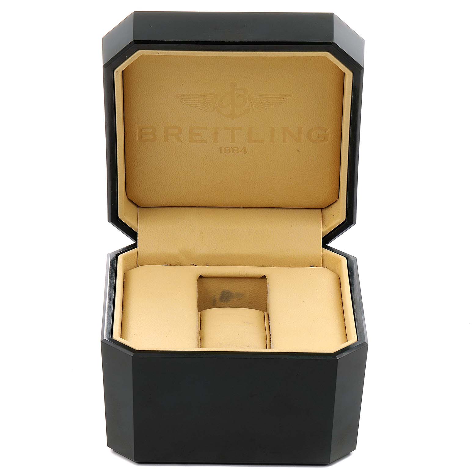 This image shows an open black Breitling watch box for the Bentley model.