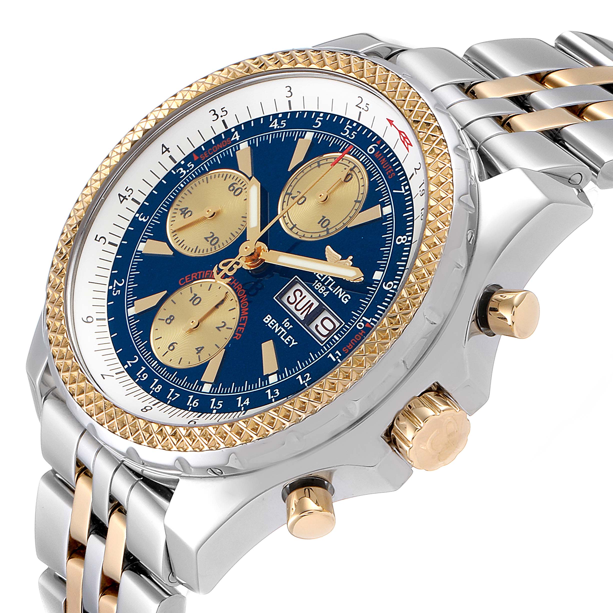 The image shows a Bentley model by Breitling from a side angle, highlighting the watch face, bezel, crown, and part of the bracelet.