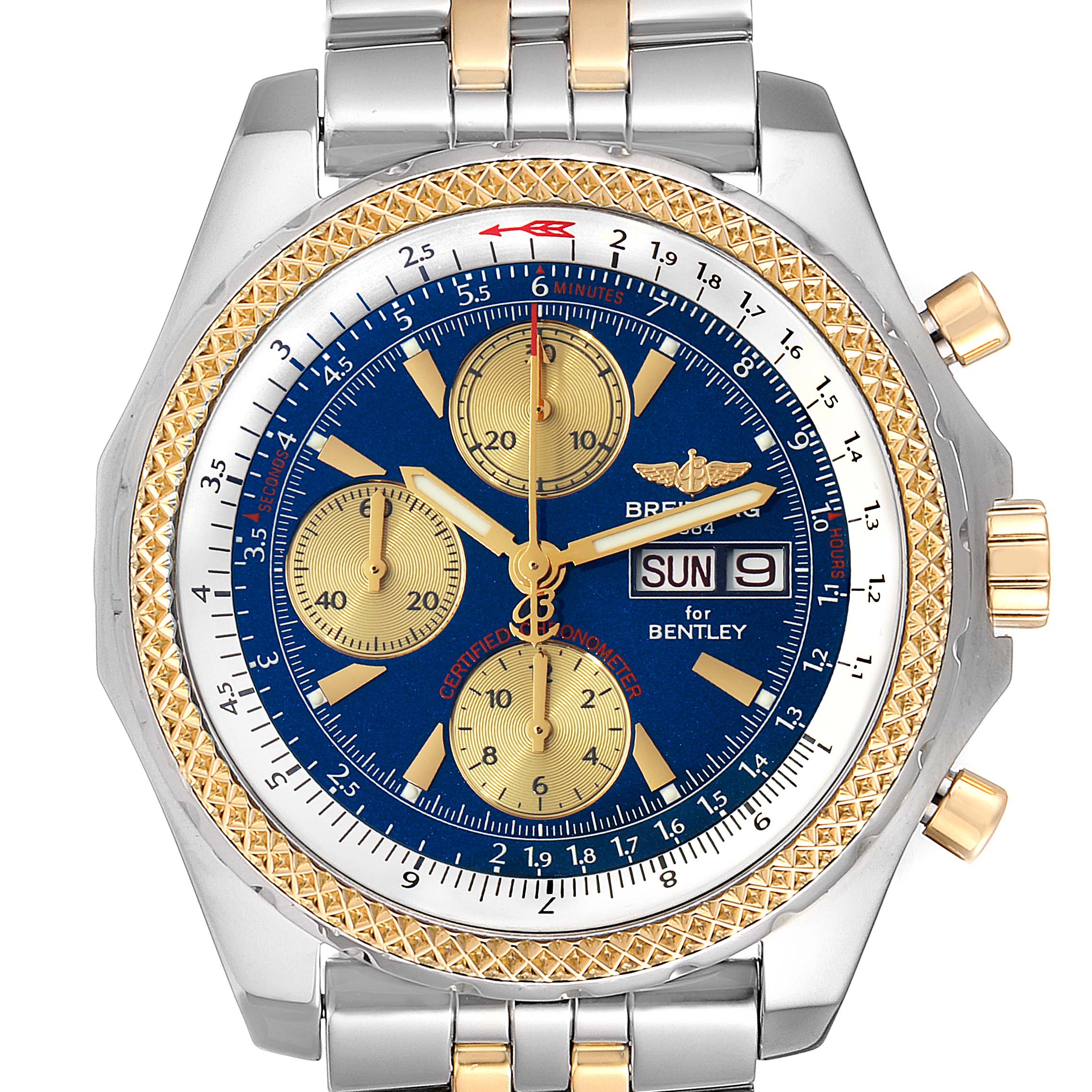 The image shows a front view of the Breitling Bentley D13362 Men's Steel and Gold (two tone) Blue Dial D13362 Men's Steel and Gold (two tone) Blue Dial watch, highlighting its dial, bezel, and part of the bracelet.