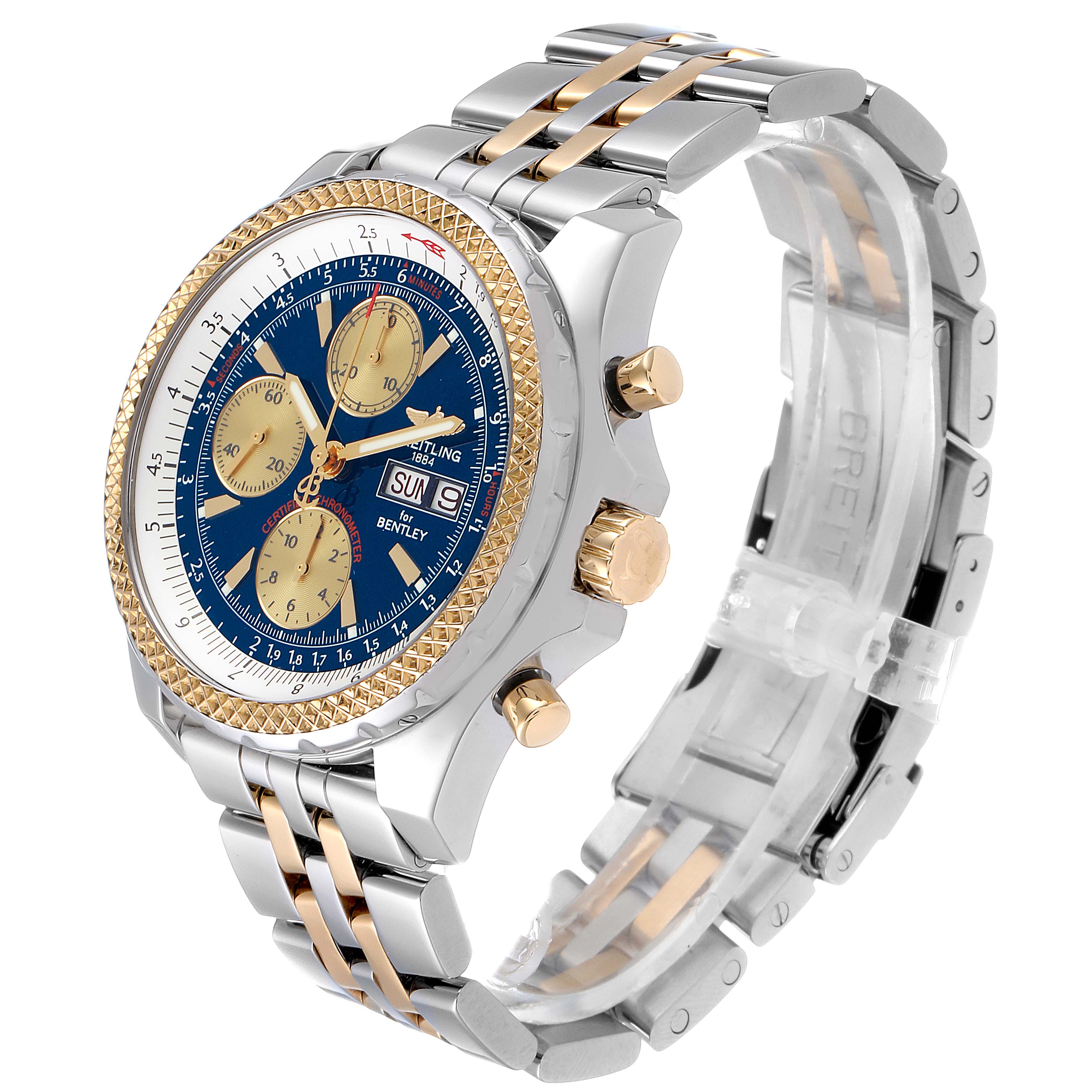 This image shows a Breitling Bentley D13362 Men's Steel and Gold (two tone) Blue Dial D13362 Men's Steel and Gold (two tone) Blue Dial model watch from an angled side view, highlighting the dial, bezel, and metal bracelet.
