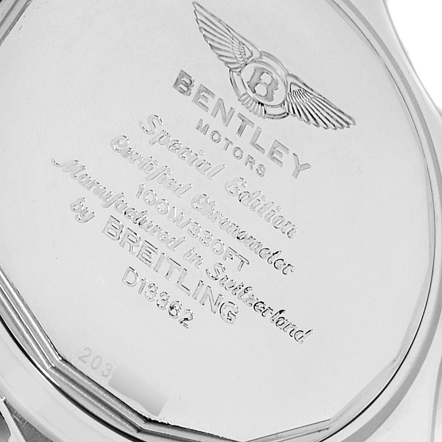 This image shows the back case of a Breitling Bentley D13362 Men's Steel and Gold (two tone) Blue Dial D13362 Men's Steel and Gold (two tone) Blue Dial watch with engraved details.