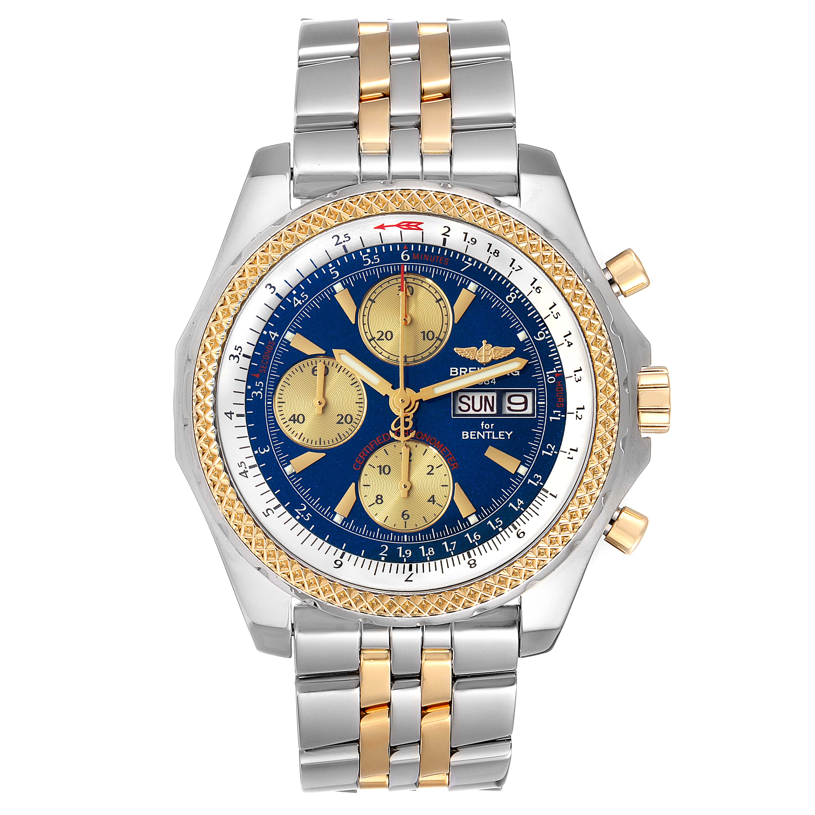 The image shows a front view of the Breitling Bentley D13362 Men's Steel and Gold (two tone) Blue Dial D13362 Men's Steel and Gold (two tone) Blue Dial model watch with a blue dial, gold subdials, and a two-tone metal bracelet.