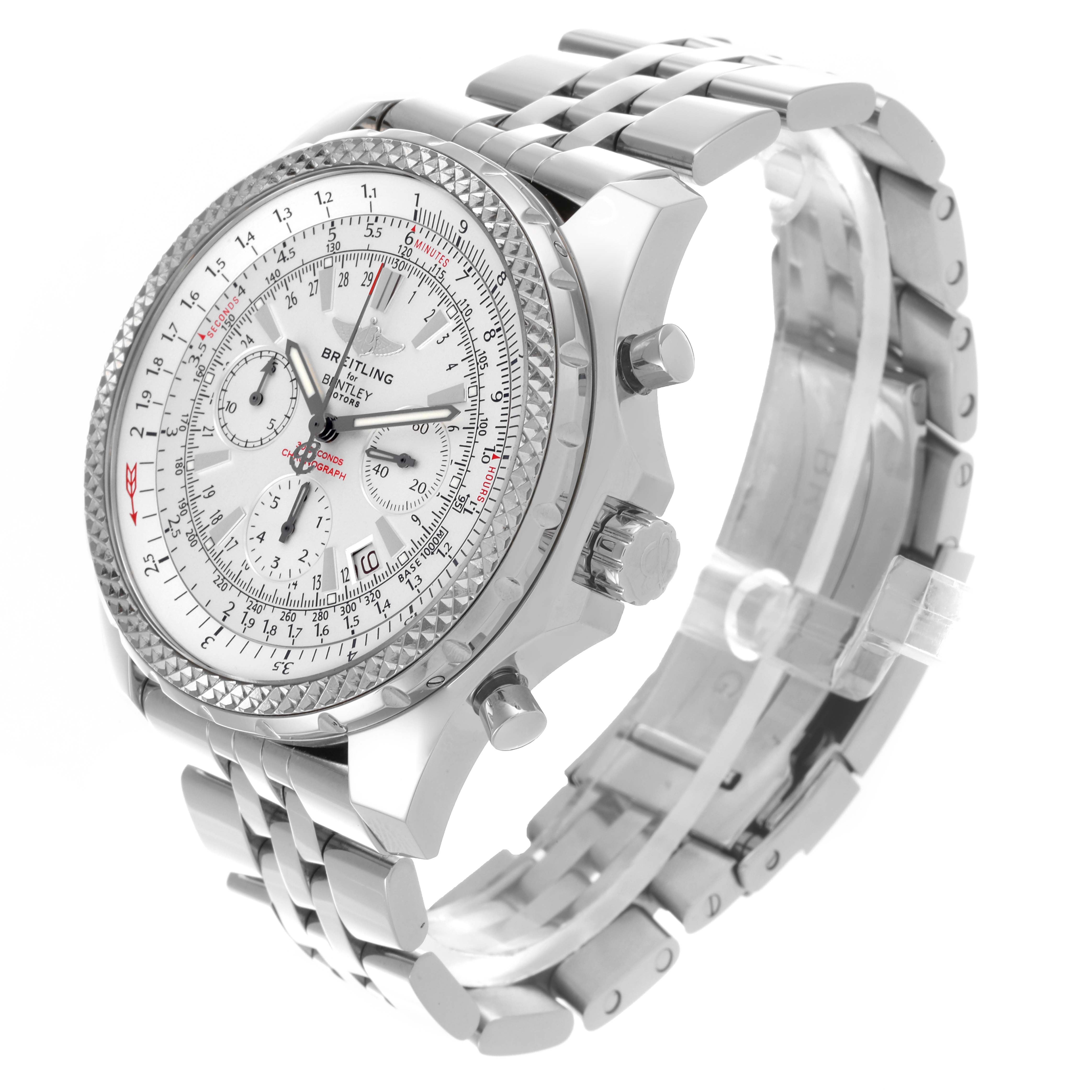 The Breitling Bentley A25362 Men's Stainless Steel Silver Dial A25362 Men's Stainless Steel Silver Dial watch is shown from a three-quarter angle, highlighting the face, bezel, and metal bracelet.