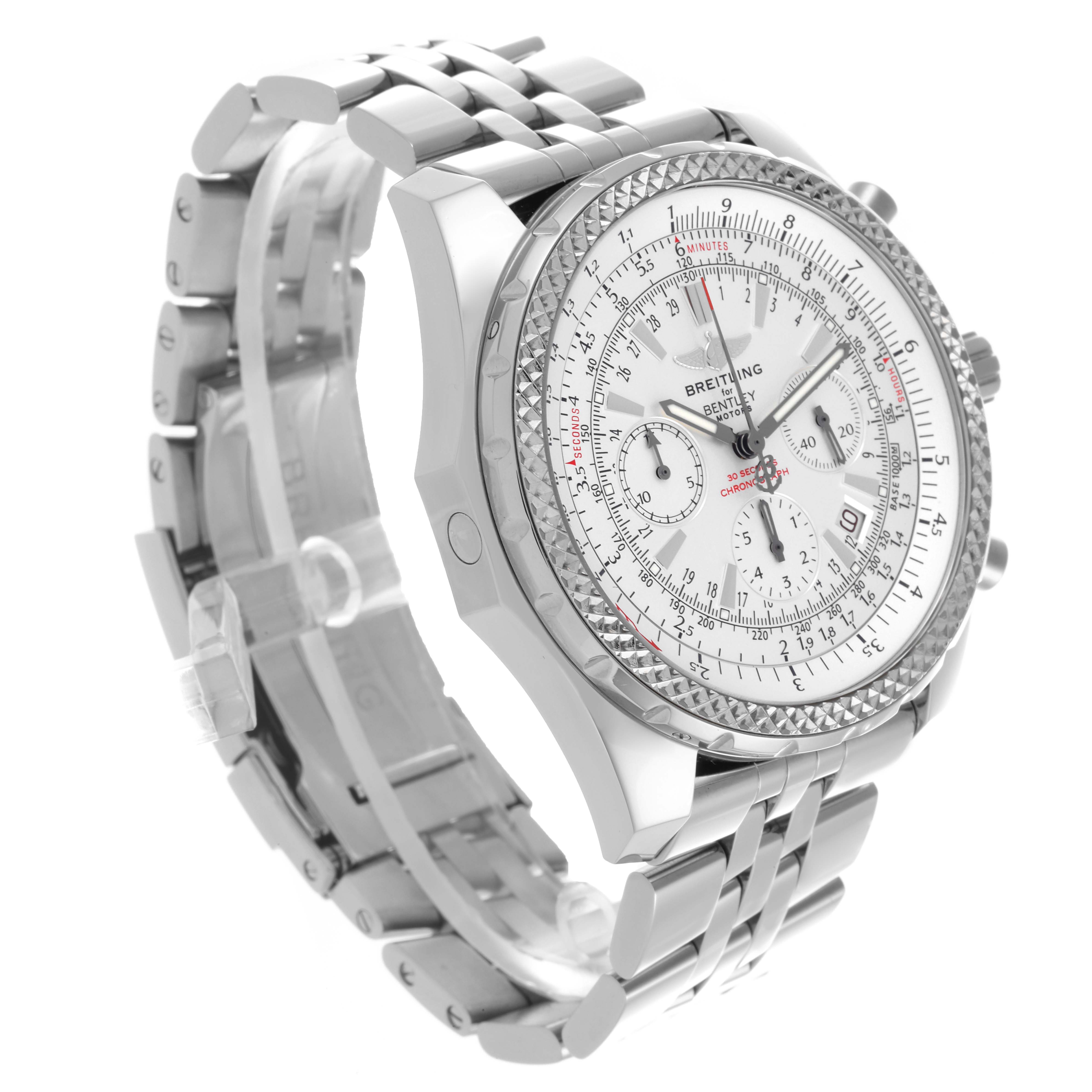 The image shows a side and front angle of the Breitling Bentley A25362 Men's Stainless Steel Silver Dial A25362 Men's Stainless Steel Silver Dial watch, highlighting its dial, bezel, and metal bracelet.