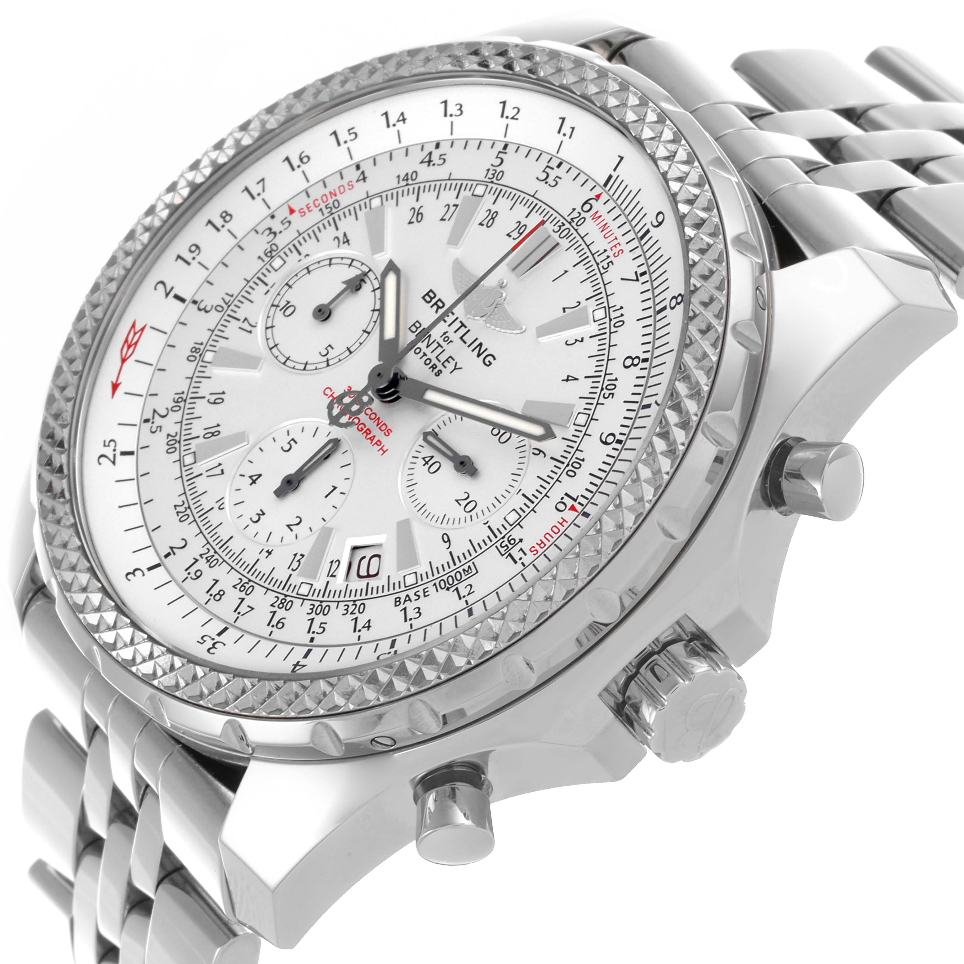 The Breitling Bentley A25362 Men's Stainless Steel Silver Dial A25362 Men's Stainless Steel Silver Dial watch is shown from a side angle displaying the face, bezel, pushers, and part of the metal bracelet.
