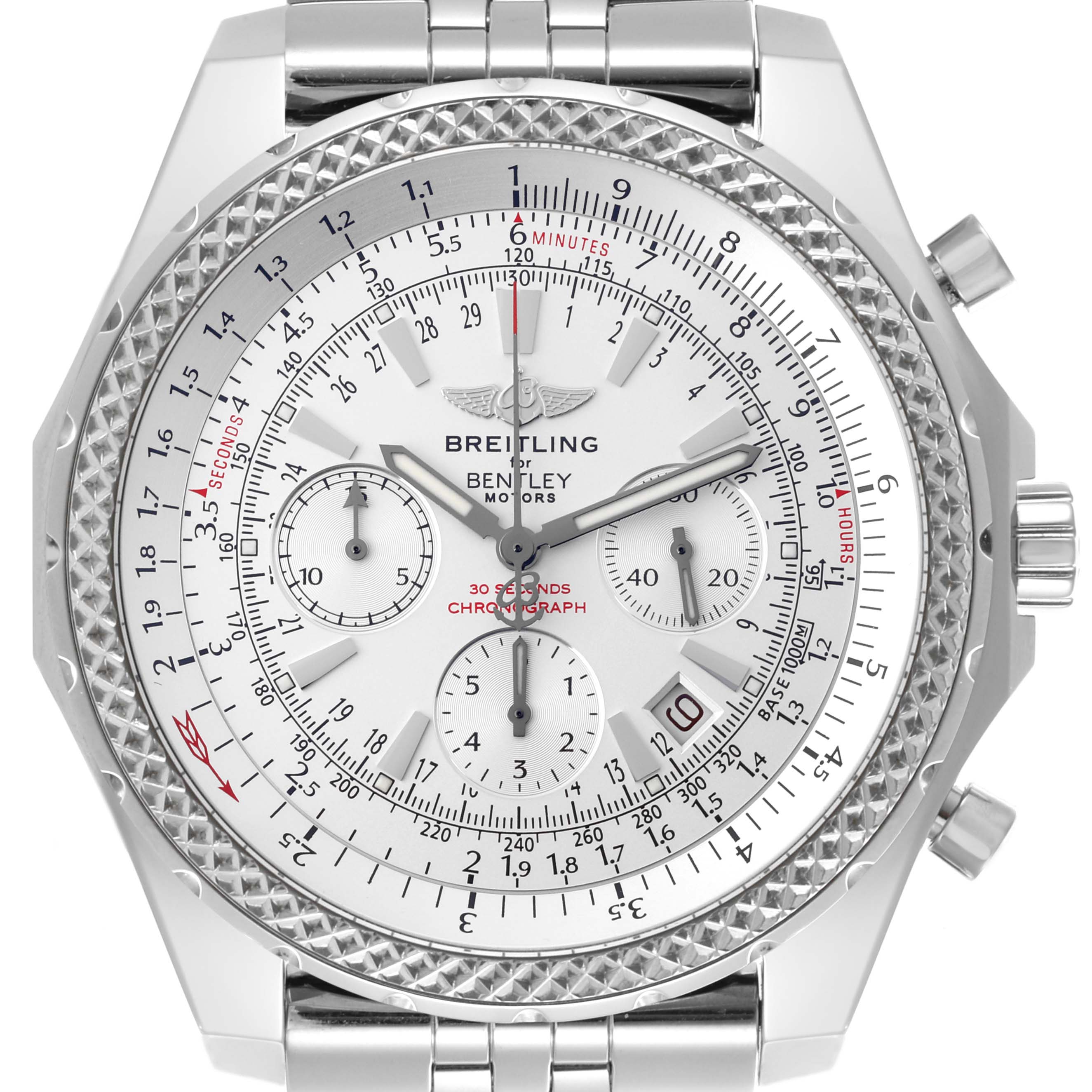 The Breitling Bentley A25362 Men's Stainless Steel Silver Dial A25362 Men's Stainless Steel Silver Dial watch is shown from a front angle, highlighting the face, dials, bezel, and part of the bracelet.