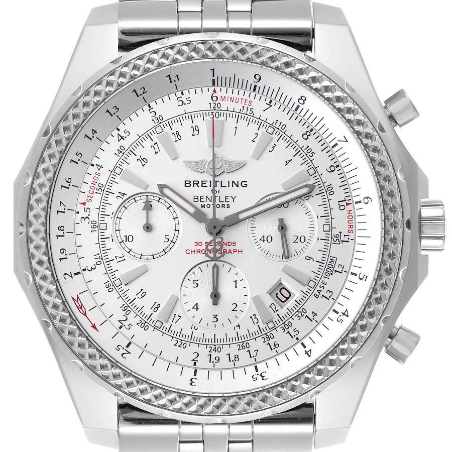 The Breitling Bentley watch is shown from a front angle, highlighting the face, dials, bezel, and part of the bracelet.