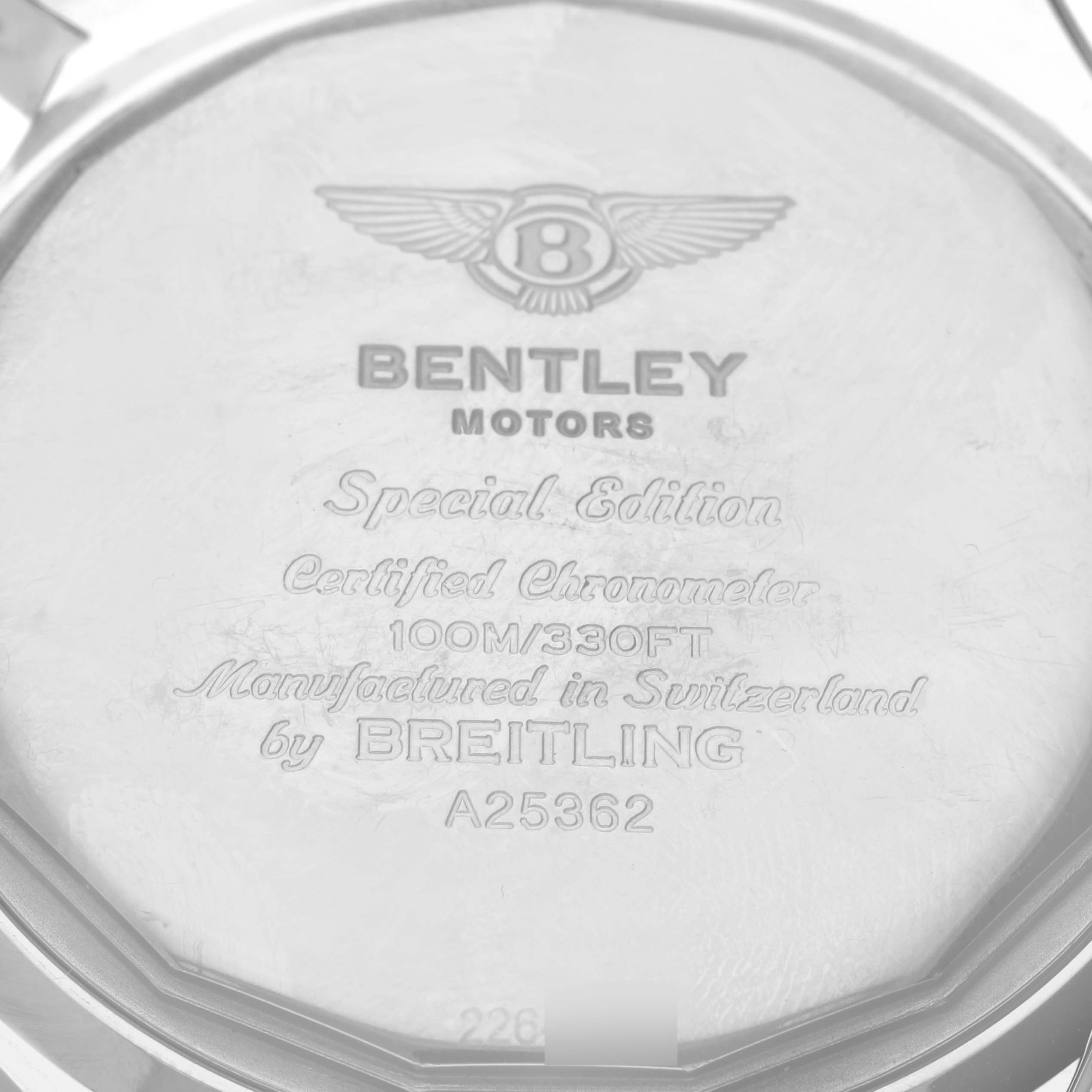 The image shows the back case of a Breitling Bentley A25362 Men's Stainless Steel Silver Dial A25362 Men's Stainless Steel Silver Dial watch, highlighting its engravings and special edition details.