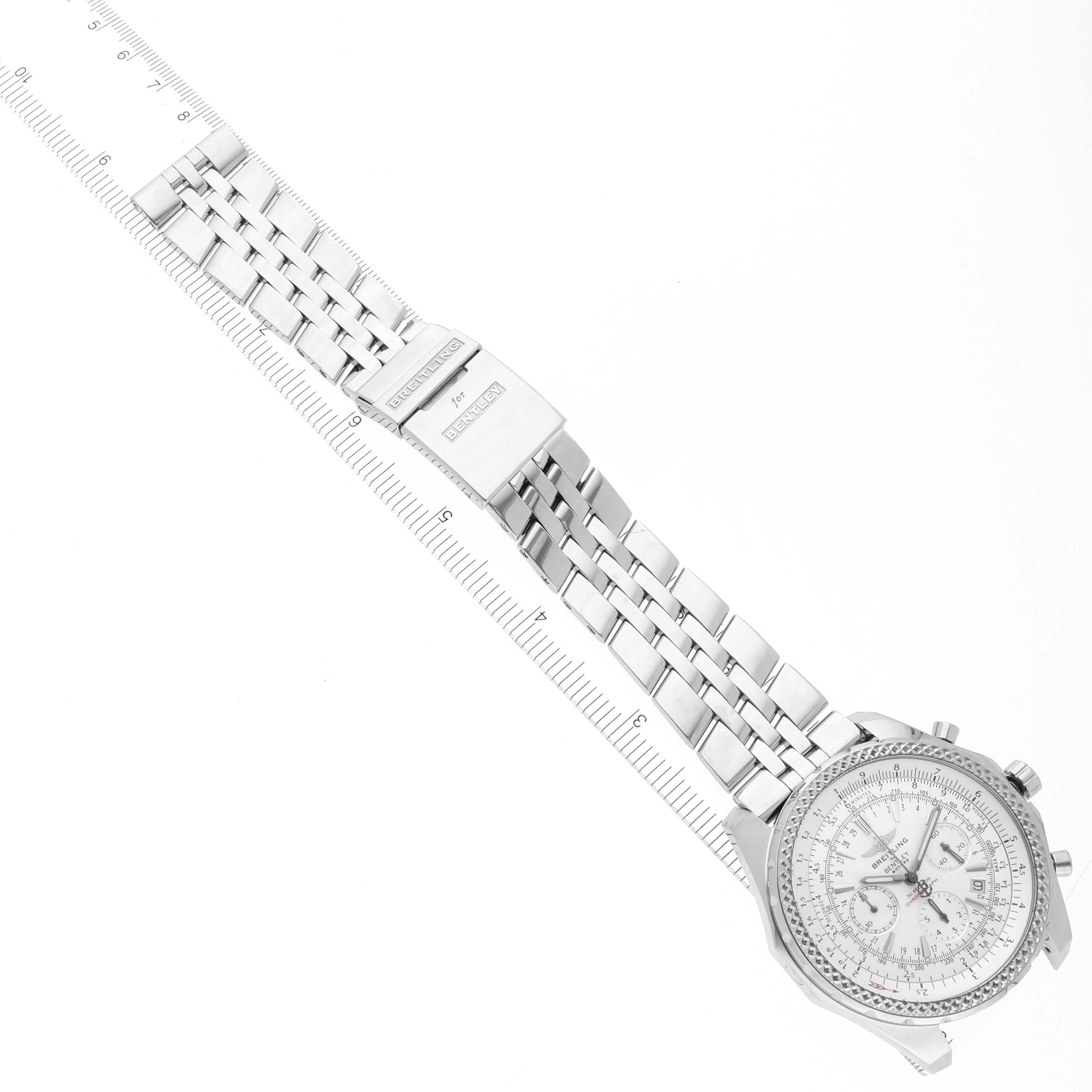 The image shows a top-down view of a Breitling Bentley A25362 Men's Stainless Steel Silver Dial A25362 Men's Stainless Steel Silver Dial watch displaying its face and metal bracelet with a clasp.