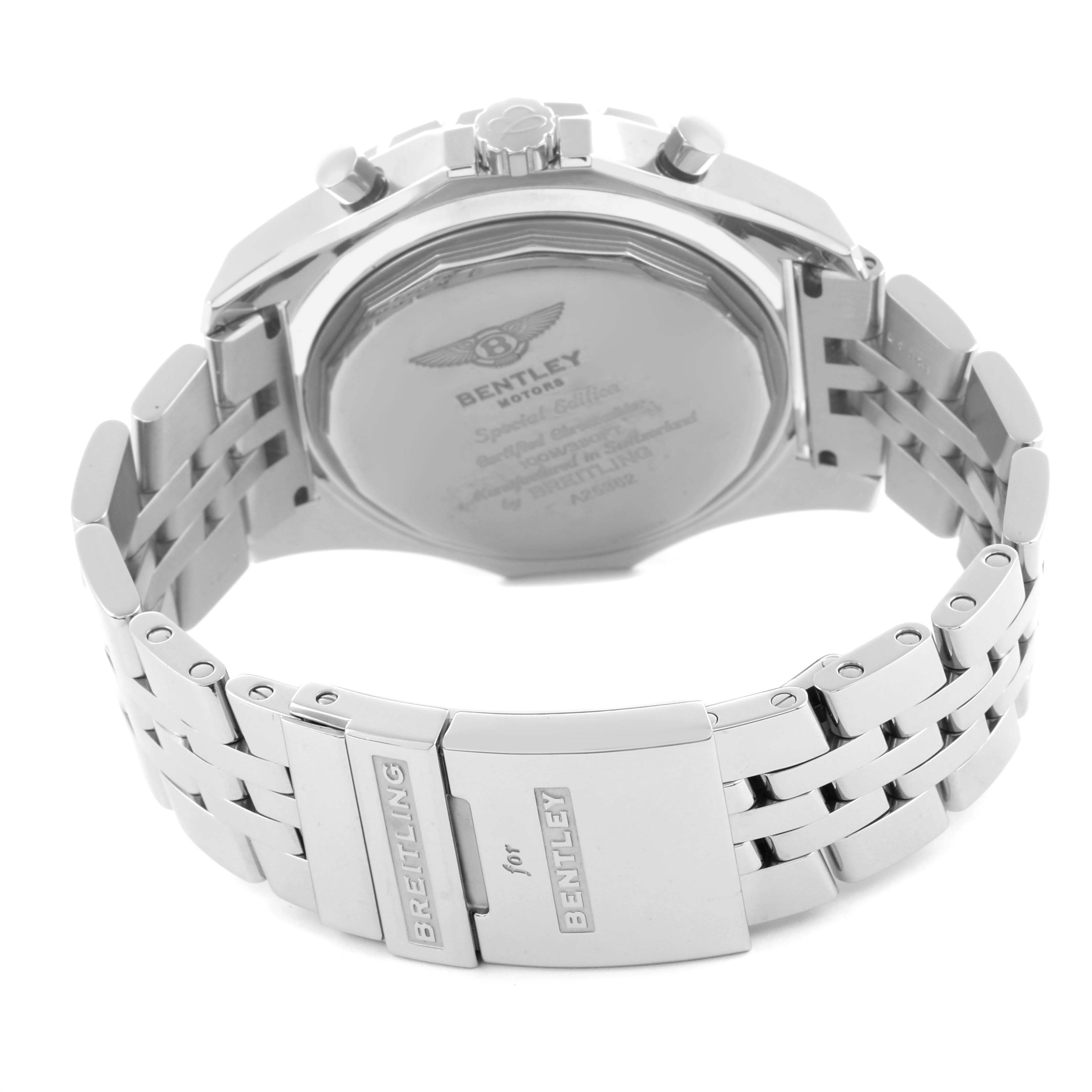 The image shows the backside of the Breitling Bentley A25362 Men's Stainless Steel Silver Dial A25362 Men's Stainless Steel Silver Dial watch, featuring the case back and clasp with branding.