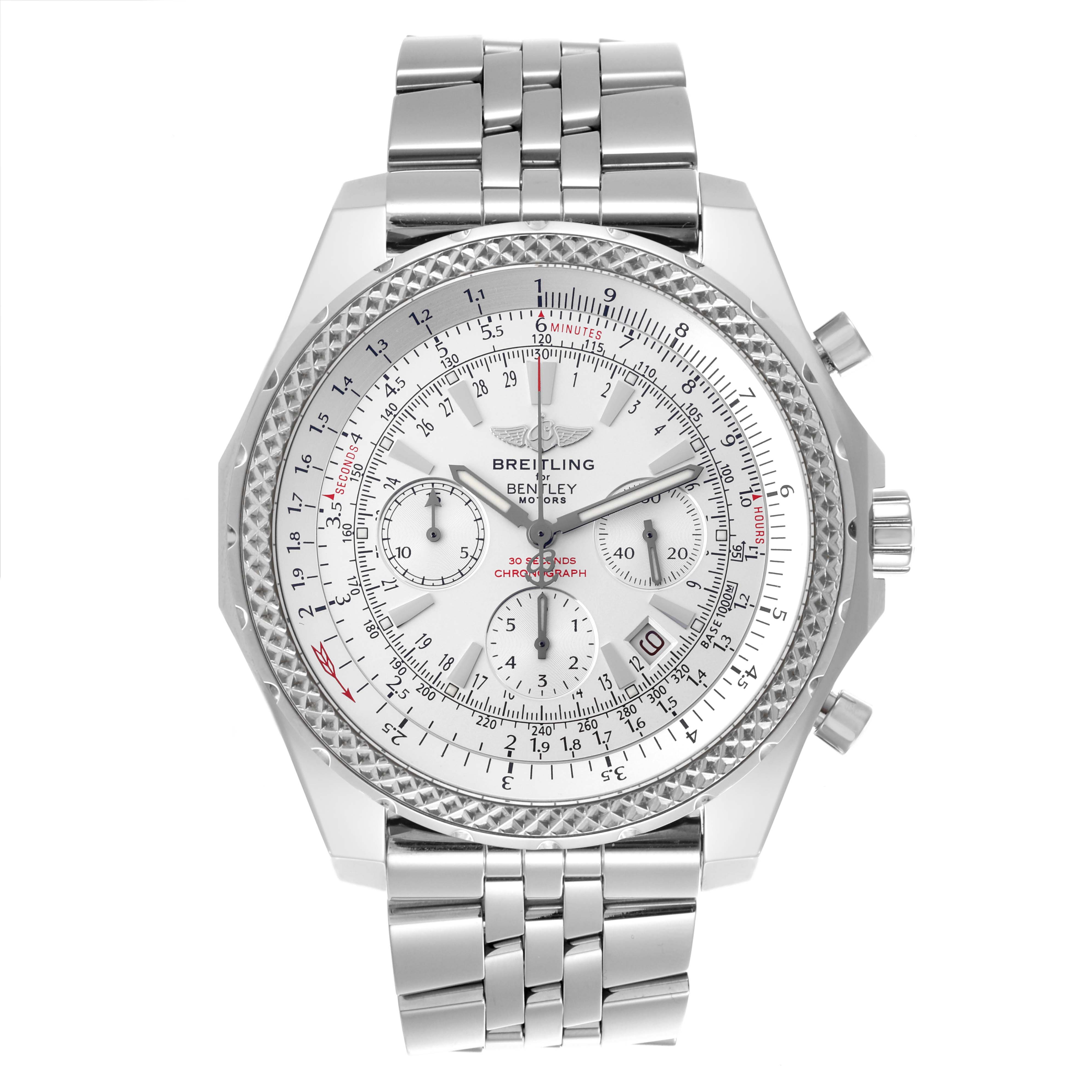 The Breitling Bentley A25362 Men's Stainless Steel Silver Dial A25362 Men's Stainless Steel Silver Dial watch is shown from the front, highlighting the dial, bezel, and metal bracelet.