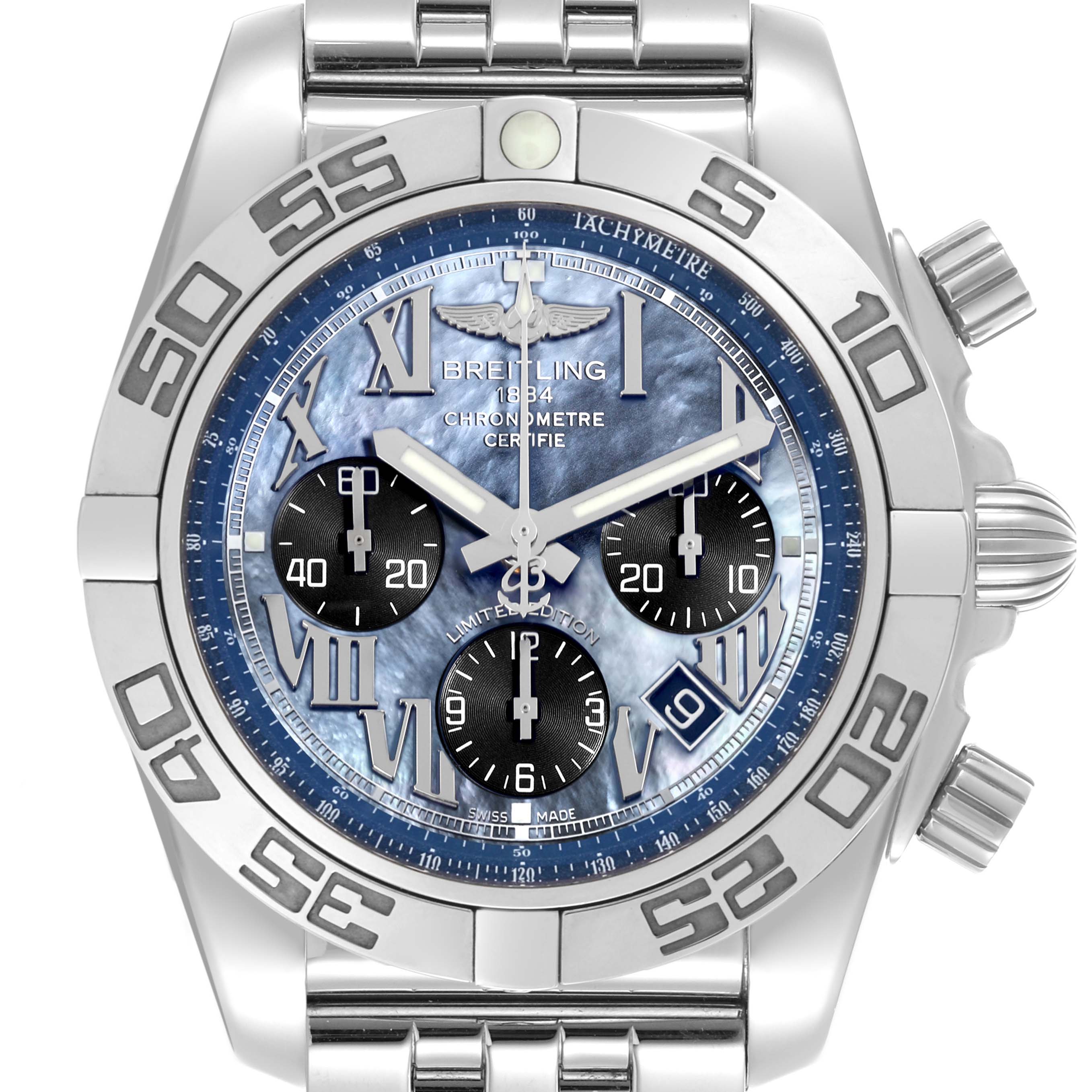 The image shows a front view of the Breitling Chronomat AB01111/AB01111A/BG64 Men's Stainless Steel Mother of Pearl Dial AB01111/AB01111A/BG64 Men's Stainless Steel Mother of Pearl Dial watch, highlighting the dial, bezel, and part of the bracelet.
