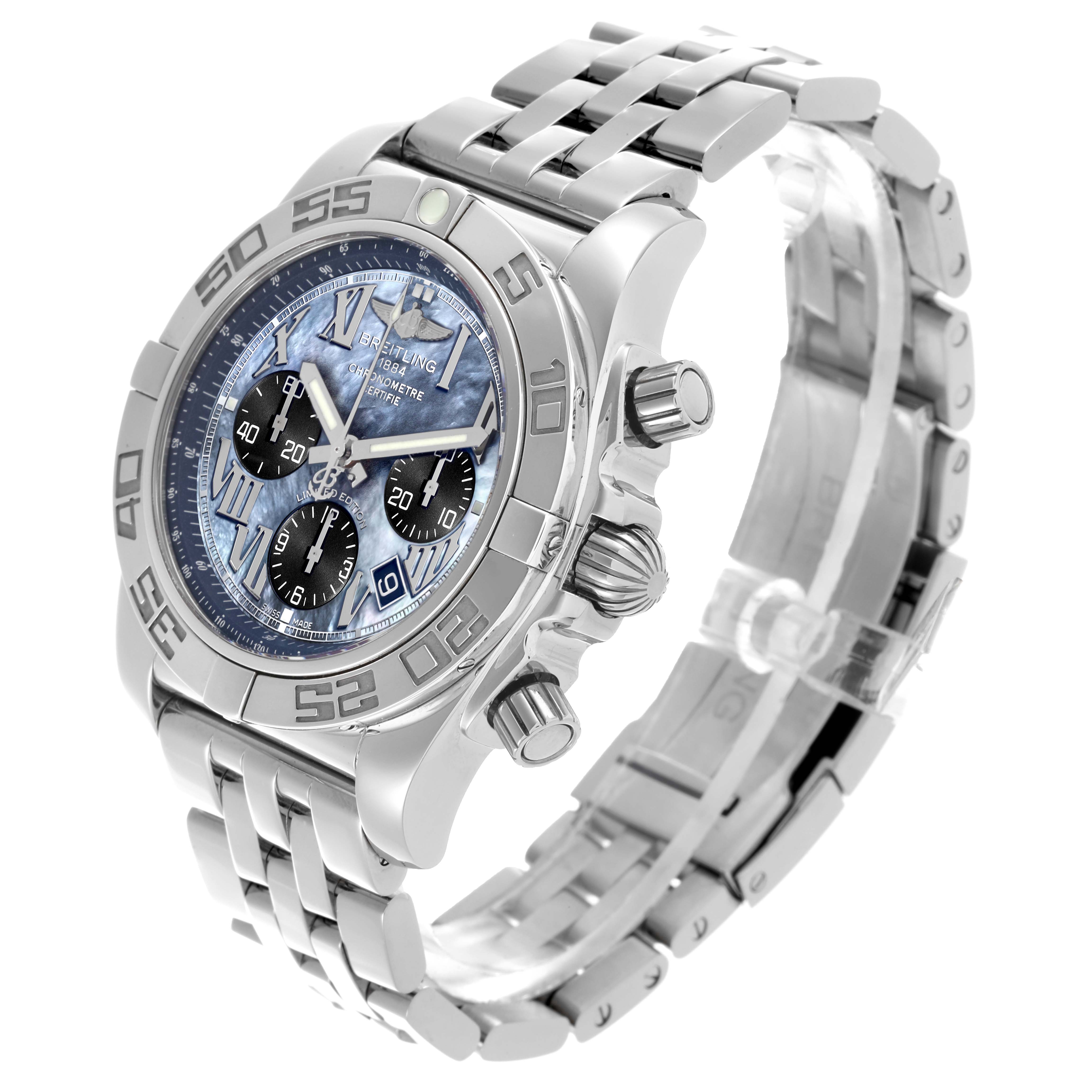 The Breitling Chronomat AB01111/AB01111A/BG64 Men's Stainless Steel Mother of Pearl Dial AB01111/AB01111A/BG64 Men's Stainless Steel Mother of Pearl Dial watch is shown at a three-quarter angle, displaying the dial, bezels, pushers, and bracelet.
