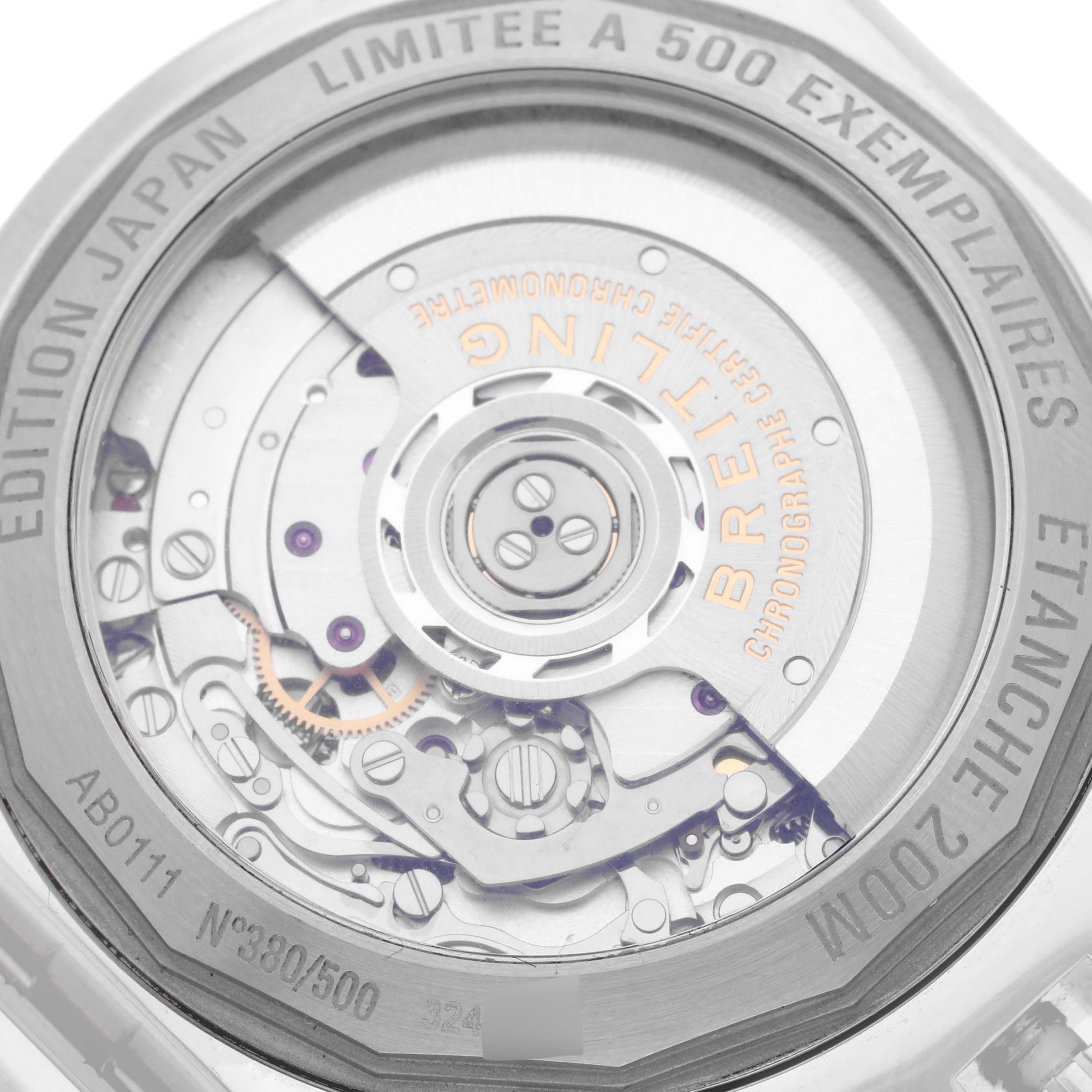 The image shows the rear view of the Breitling Chronomat AB01111/AB01111A/BG64 Men's Stainless Steel Mother of Pearl Dial AB01111/AB01111A/BG64 Men's Stainless Steel Mother of Pearl Dial, highlighting its exposed movement and engravings.