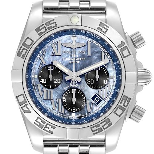 The Breitling Chronomat watch is shown from the front, displaying the dial, bezel, and some of the bracelet.