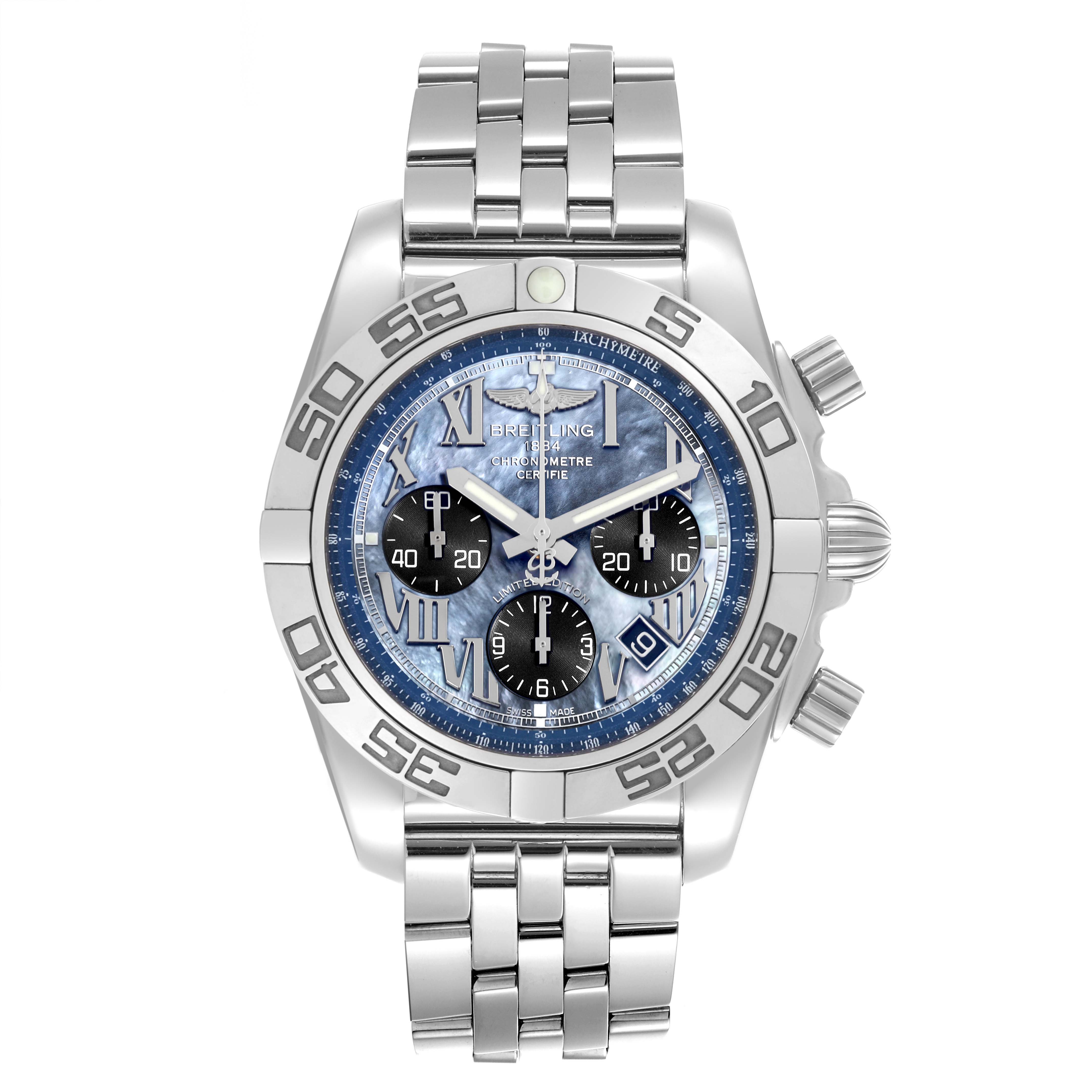 The Breitling Chronomat AB01111/AB01111A/BG64 Men's Stainless Steel Mother of Pearl Dial AB01111/AB01111A/BG64 Men's Stainless Steel Mother of Pearl Dial watch is shown front-facing, displaying its bezel, dial, subdials, and bracelet.