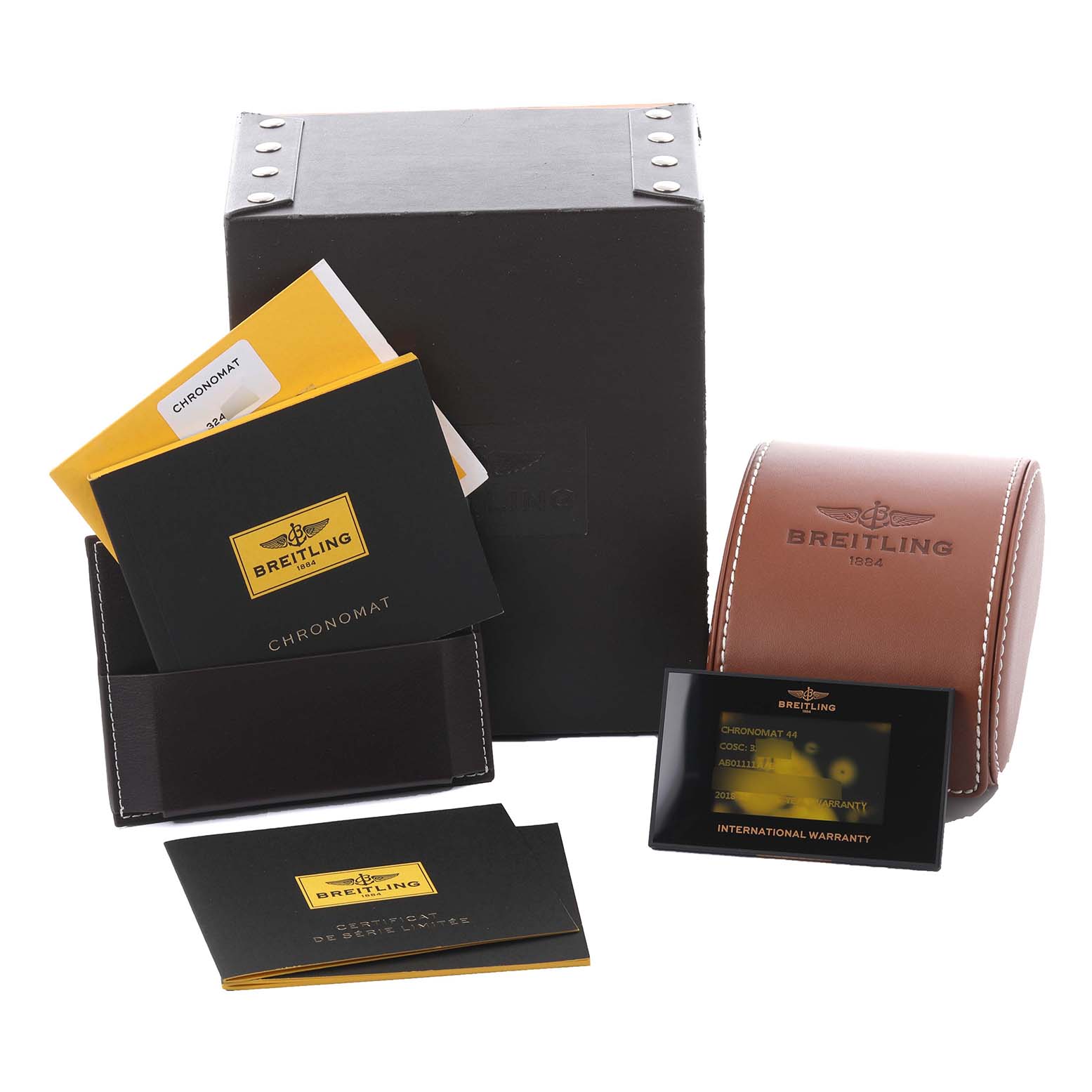 The image shows Breitling Chronomat AB01111/AB01111A/BG64 Men's Stainless Steel Mother of Pearl Dial AB01111/AB01111A/BG64 Men's Stainless Steel Mother of Pearl Dial watch accessories, including a box, pouch, manuals, and warranty card.