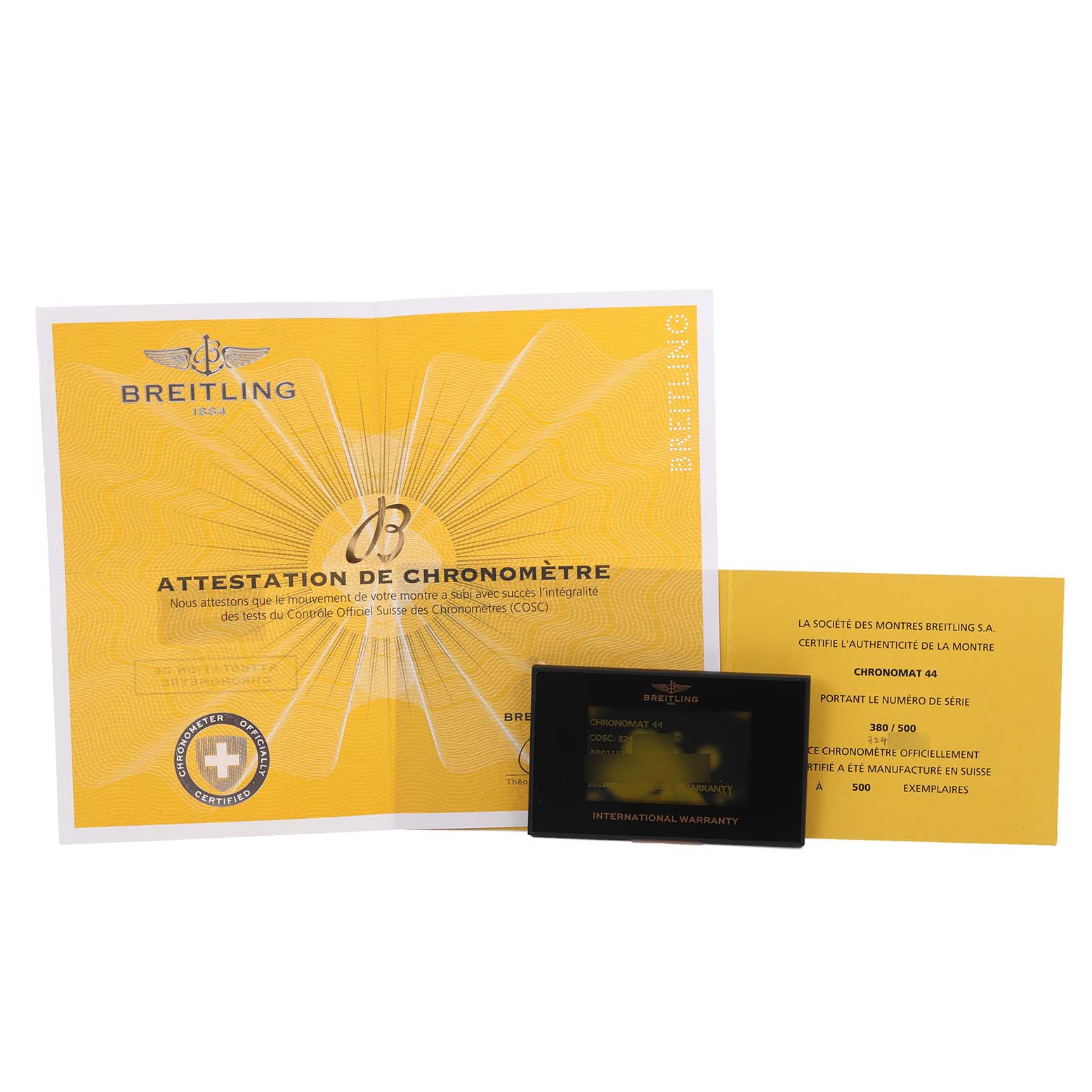 The image shows a Breitling Chronomat AB01111/AB01111A/BG64 Men's Stainless Steel Mother of Pearl Dial AB01111/AB01111A/BG64 Men's Stainless Steel Mother of Pearl Dial's certification papers and warranty card from a frontal angle.