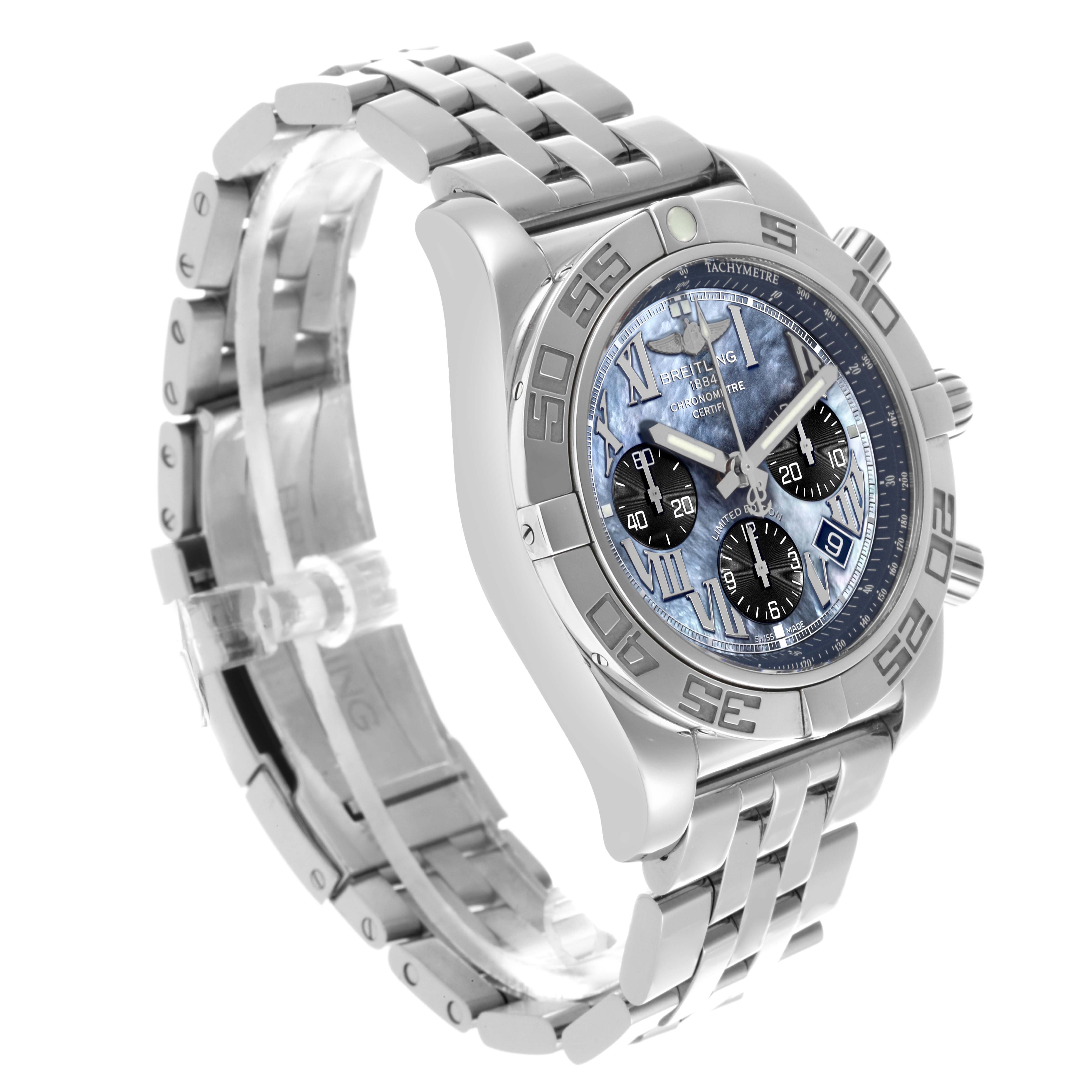 The Breitling Chronomat AB01111/AB01111A/BG64 Men's Stainless Steel Mother of Pearl Dial AB01111/AB01111A/BG64 Men's Stainless Steel Mother of Pearl Dial watch is shown at a three-quarter angle, highlighting the dial, bezel, and part of the bracelet.
