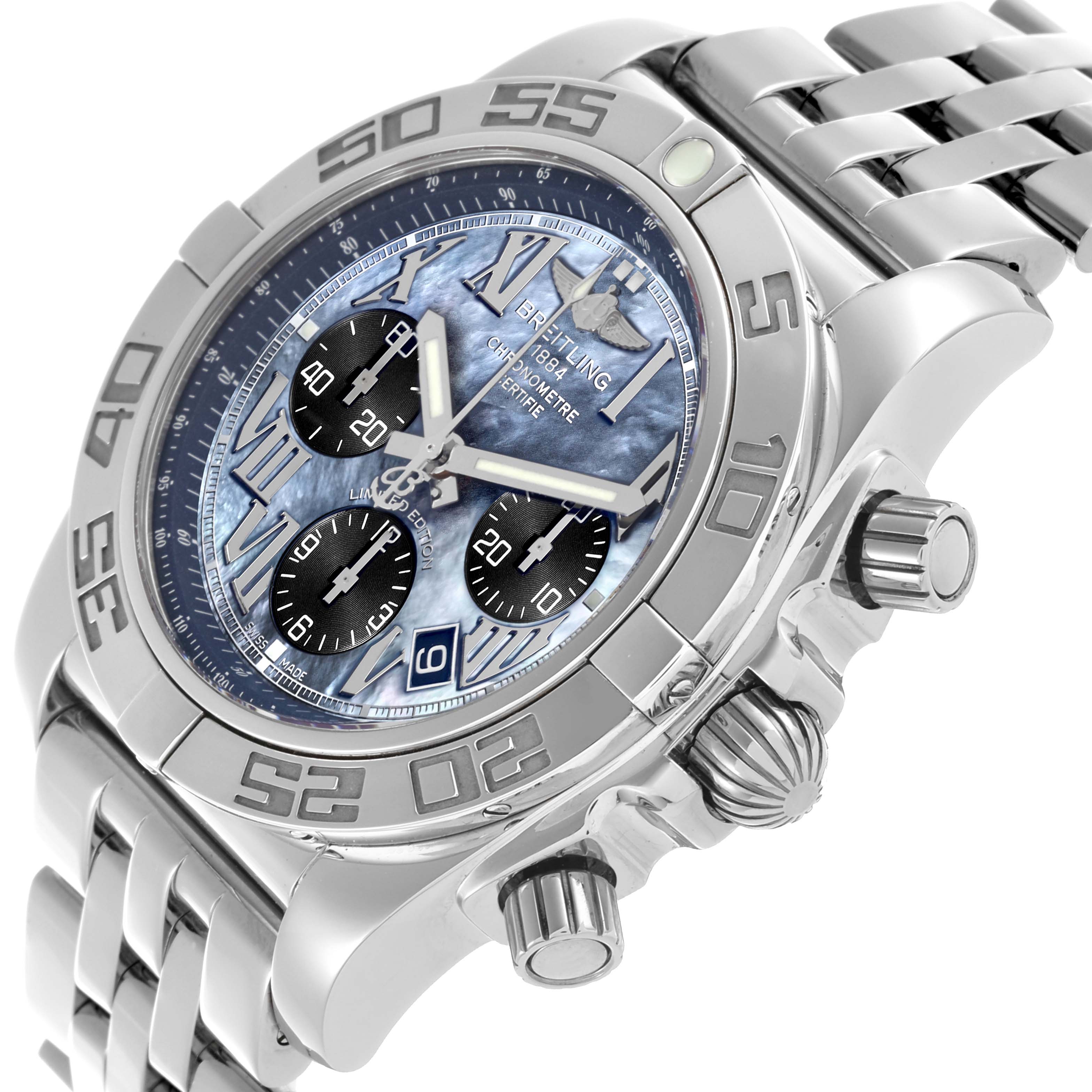 The Breitling Chronomat AB01111/AB01111A/BG64 Men's Stainless Steel Mother of Pearl Dial AB01111/AB01111A/BG64 Men's Stainless Steel Mother of Pearl Dial watch is shown at an angle highlighting the bezel, crown, and pushers with its bracelet partially visible.