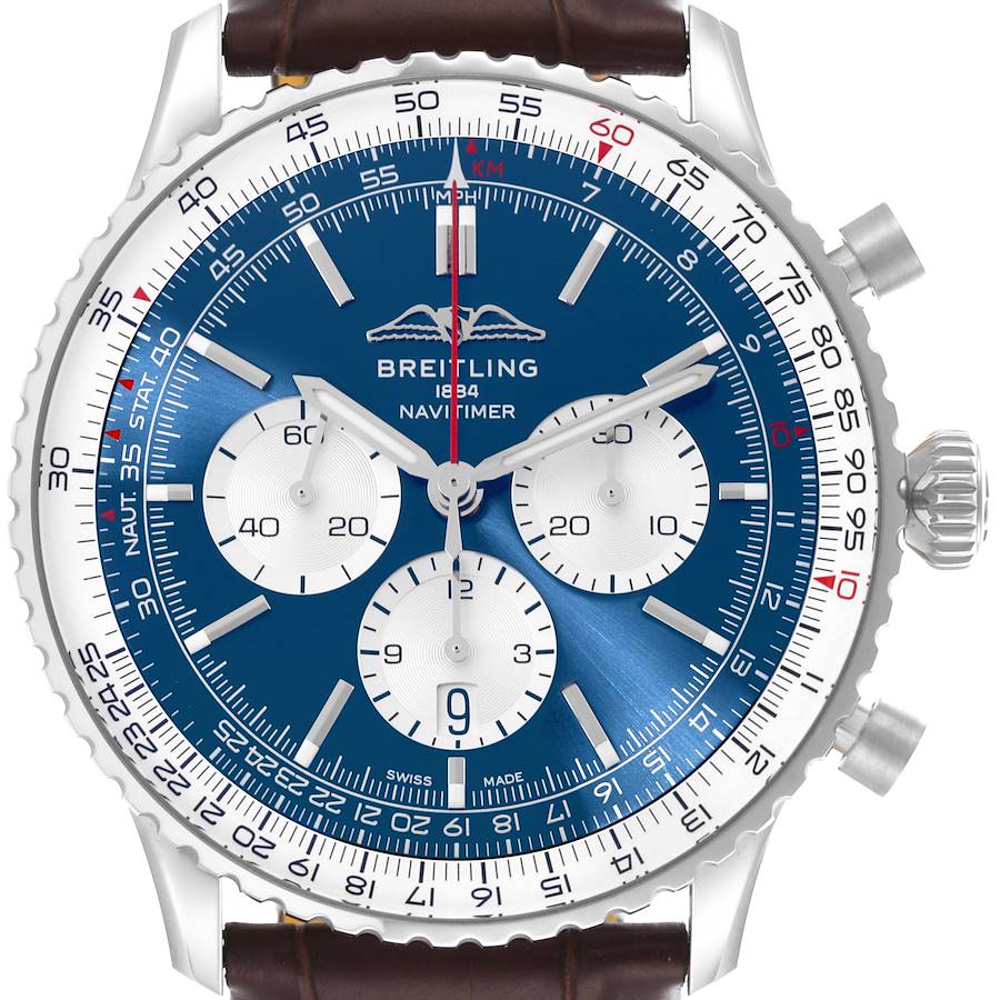 The image shows a front view of a Breitling Navitimer, highlighting its blue dial, chronograph subdials, and bezel.