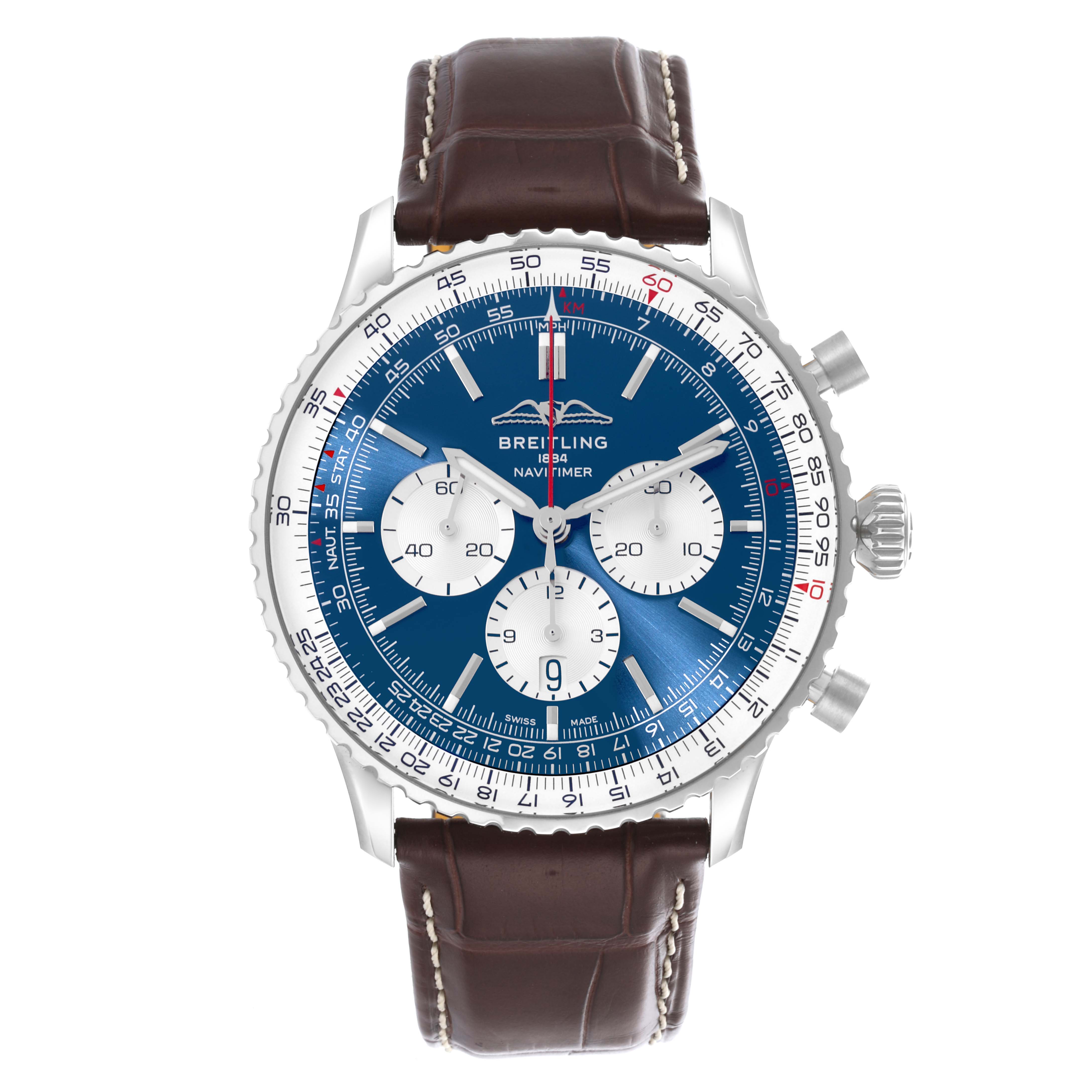 The Breitling Navitimer AB0137 Men's Stainless Steel Blue Dial AB0137 Men's Stainless Steel Blue Dial watch is shown from the front, displaying its blue dial, three subdials, and brown leather strap.