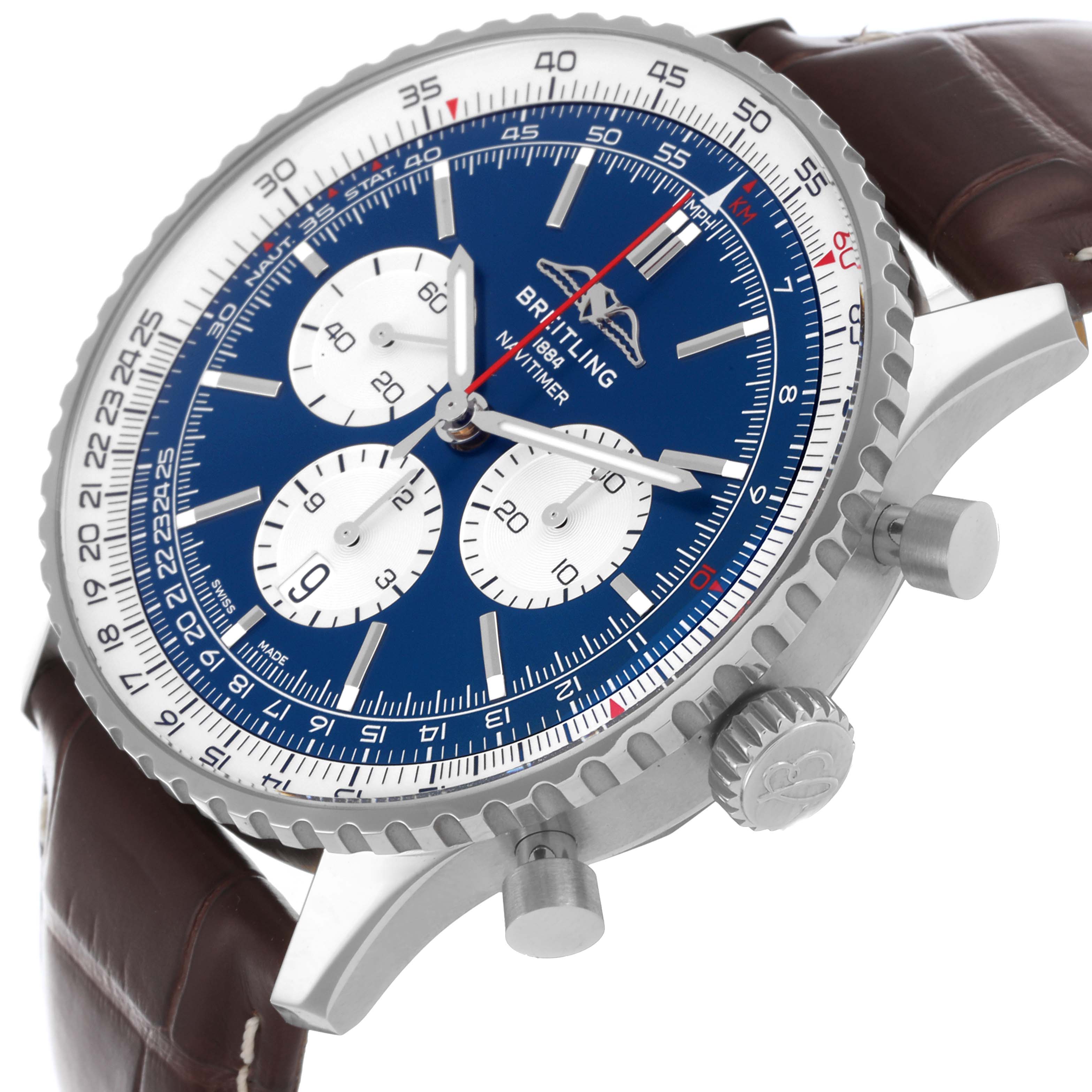 The Breitling Navitimer AB0137 Men's Stainless Steel Blue Dial AB0137 Men's Stainless Steel Blue Dial watch is shown at an angled side perspective, highlighting the bezel, crown, and pushers.