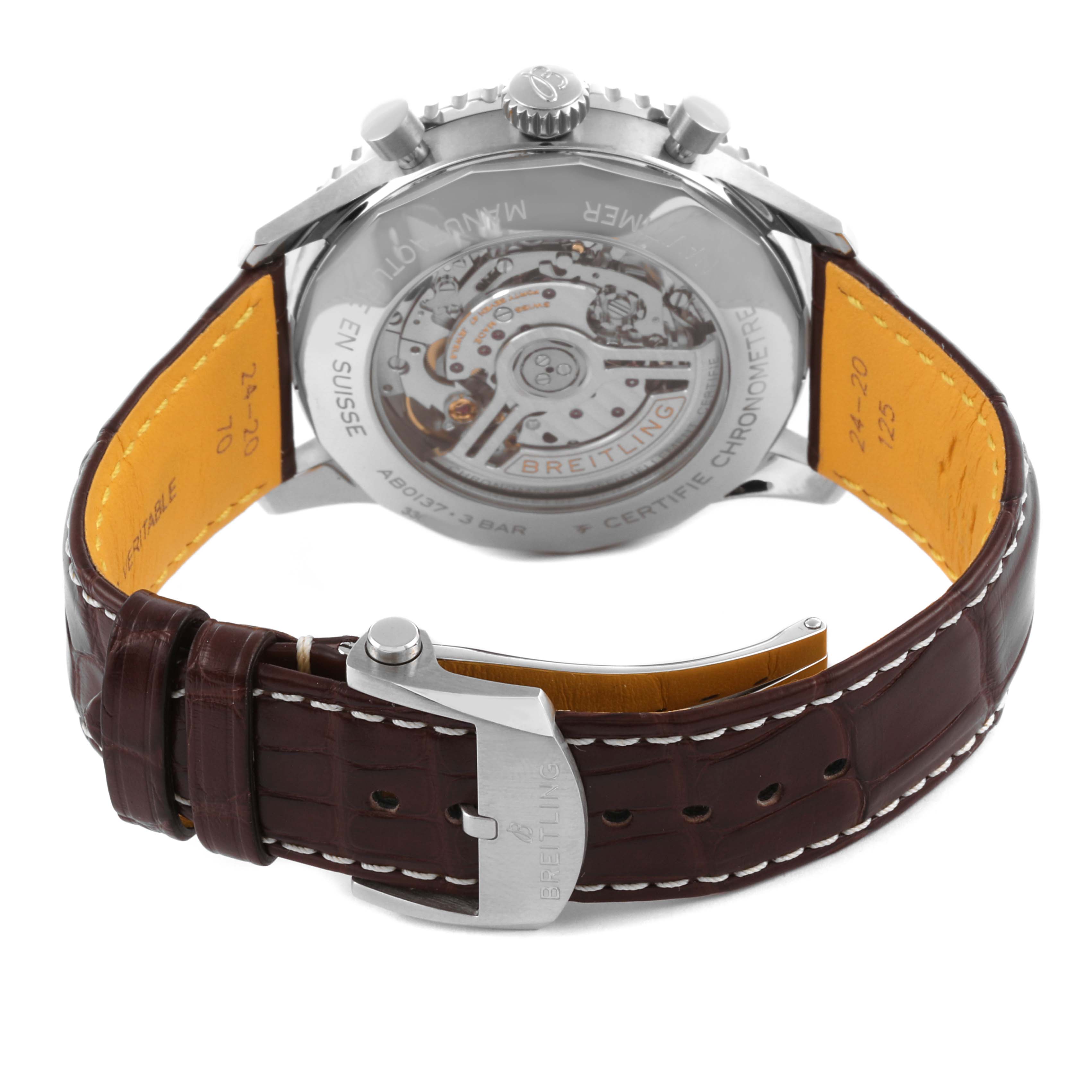 The Breitling Navitimer AB0137 Men's Stainless Steel Blue Dial AB0137 Men's Stainless Steel Blue Dial watch is shown from the back, displaying the transparent case back and the leather strap with buckle.