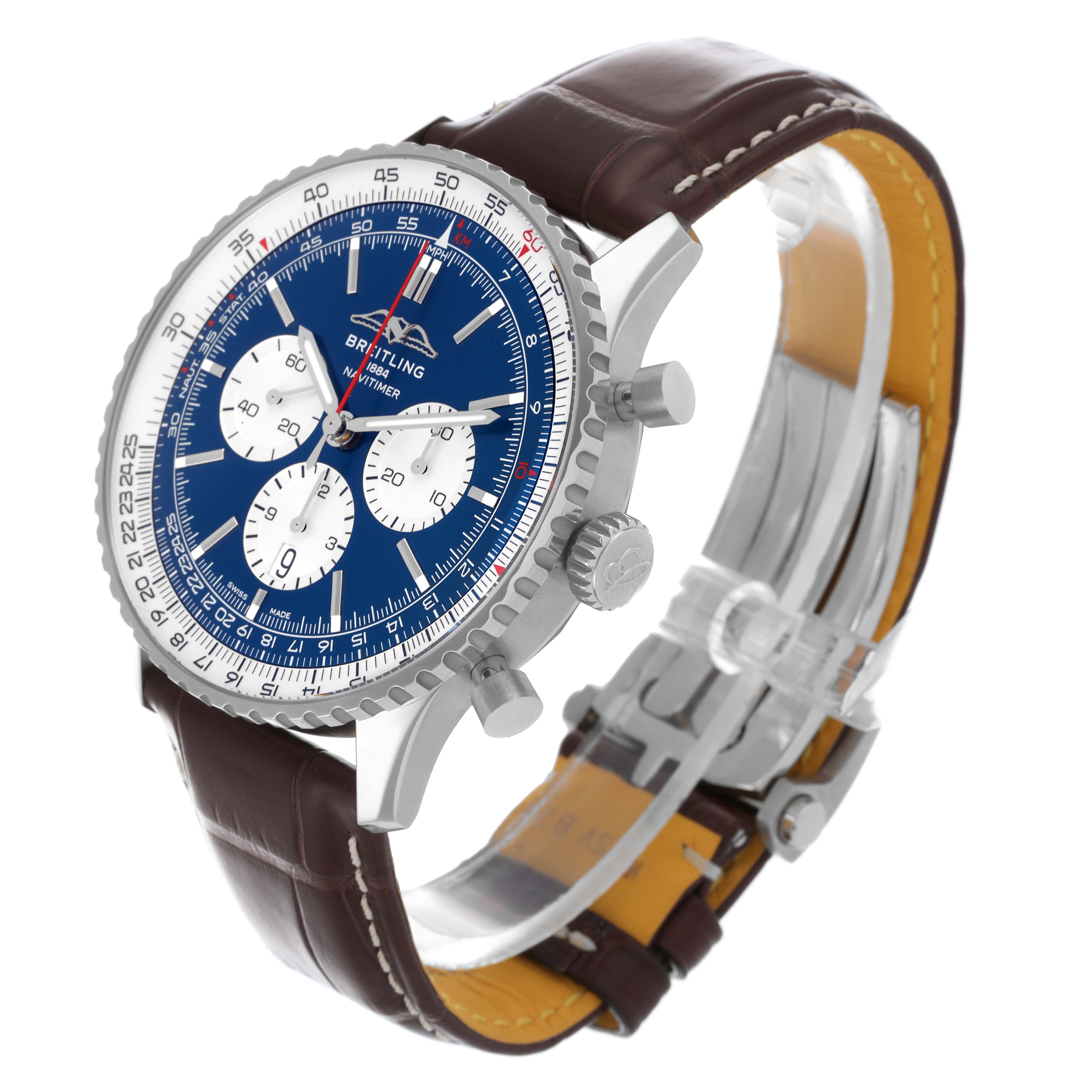 The Breitling Navitimer AB0137 Men's Stainless Steel Blue Dial AB0137 Men's Stainless Steel Blue Dial watch is shown at an angled side view, displaying the face, bezel, crown, pushers, and leather strap.