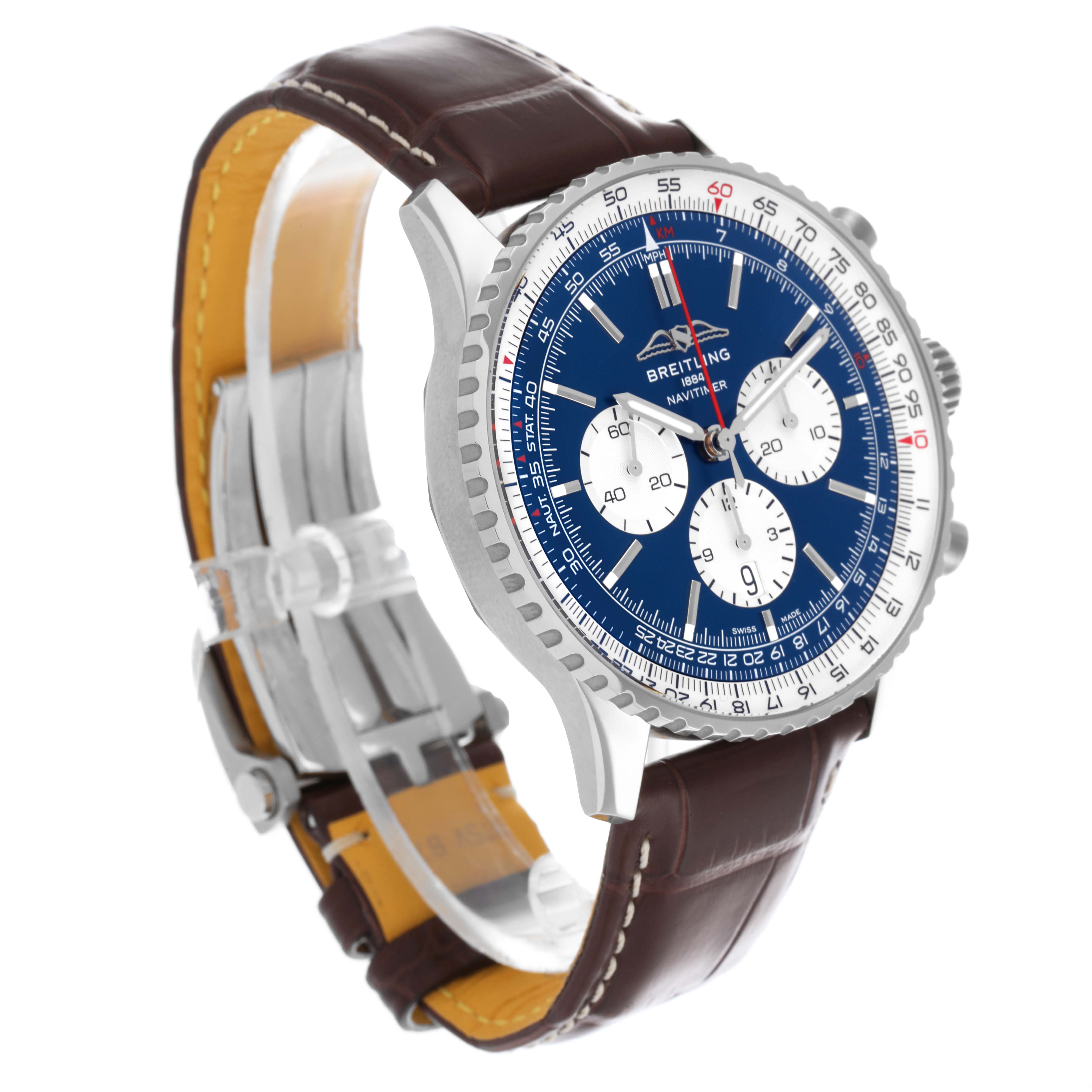 The Breitling Navitimer AB0137 Men's Stainless Steel Blue Dial AB0137 Men's Stainless Steel Blue Dial watch is shown at a three-quarter angle, displaying the blue dial, bezel, and brown leather strap.