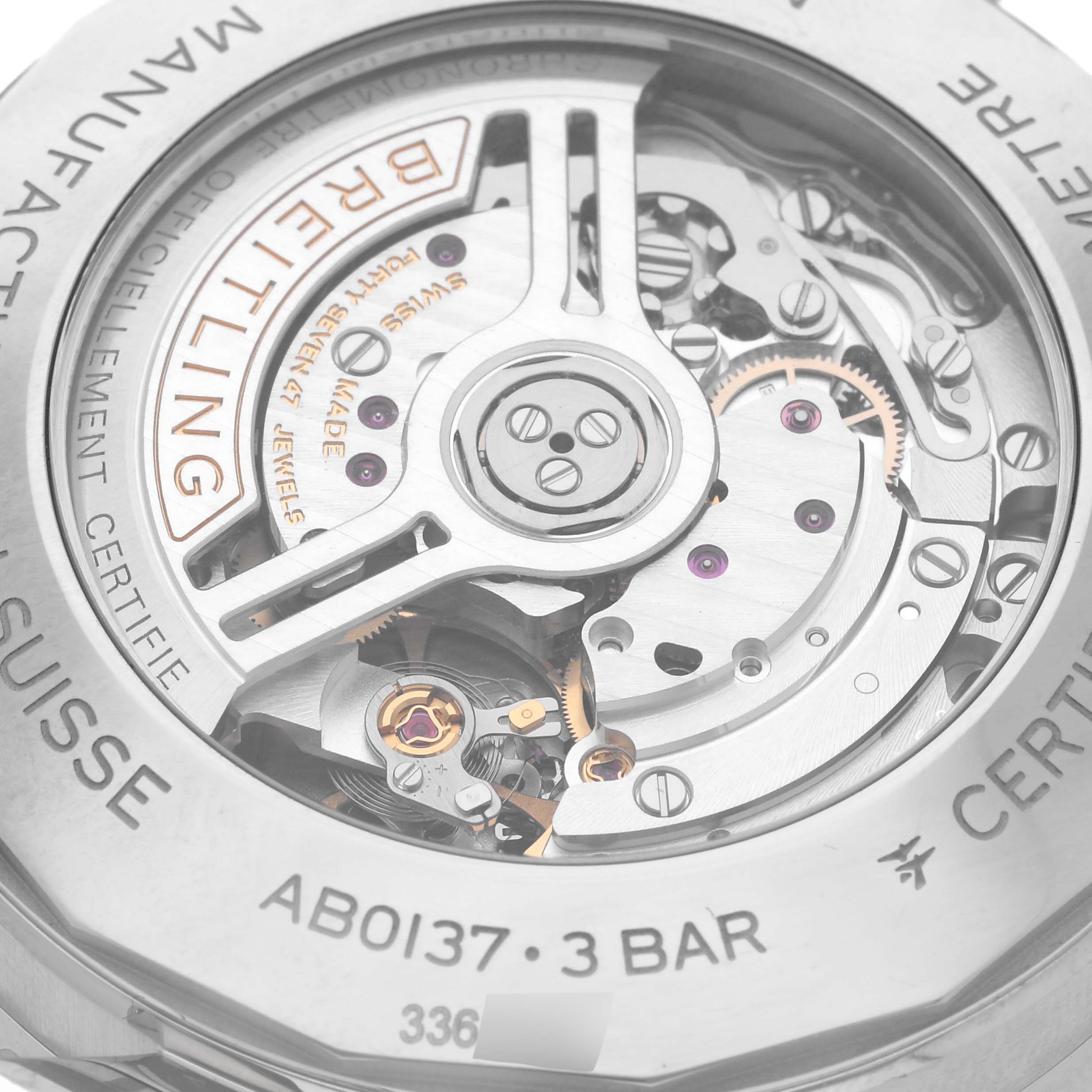 The image shows the intricate movement mechanism of the Breitling Navitimer AB0137 Men's Stainless Steel Blue Dial AB0137 Men's Stainless Steel Blue Dial watch from the back.