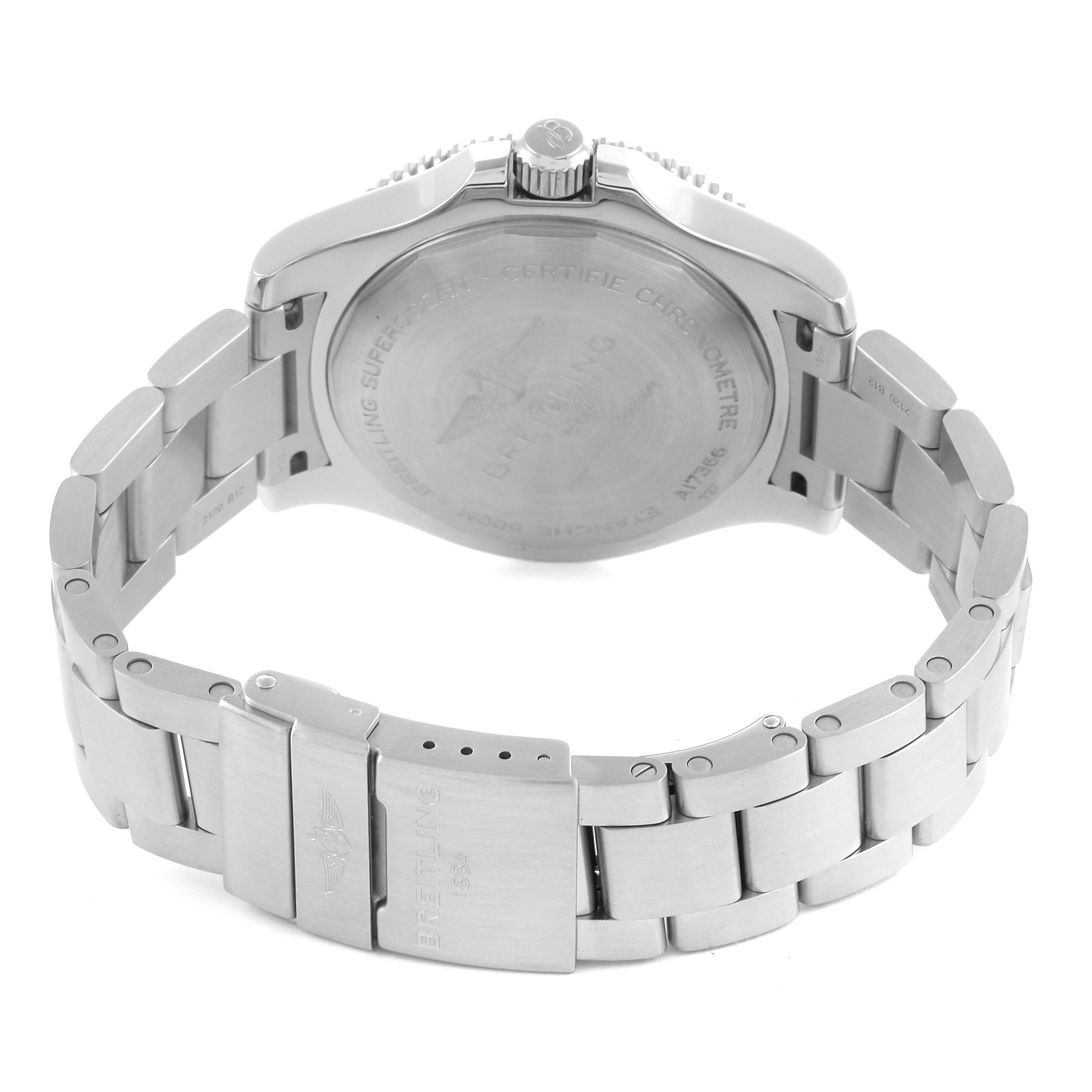 The image shows the back case and metal bracelet of a Breitling Superocean A17366 Men
s Stainless Steel Black Dial A17366 Men
s Stainless Steel Black Dial watch from a rear angle.